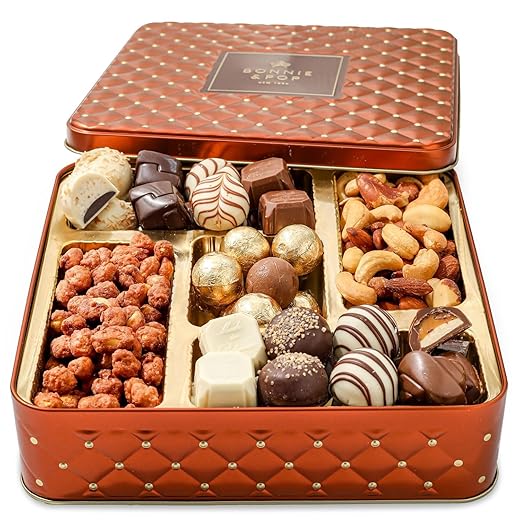 Snack assortment gift basket- candy and nuts gift tin for fast prime delivery- gourmet treat variety present in keepsake tray– best gift idea for men, women, him, her- bonnie and pop