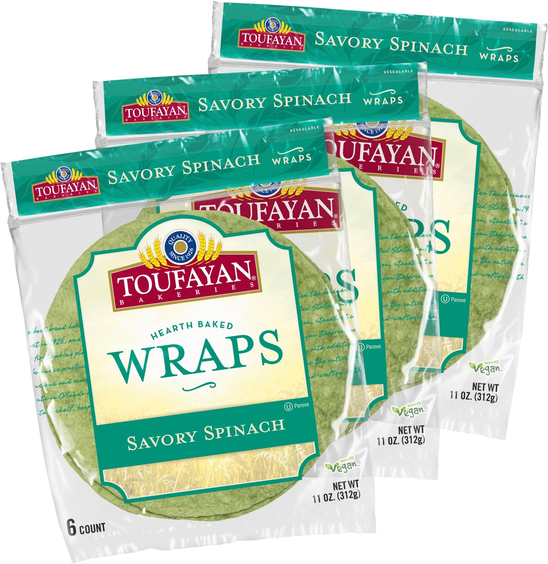 Toufayan Spinach Tortilla Wraps – 3 Pack, 18 Total (9” Wraps) | Soft, Pliable, Vegan, Kosher | Perfect for Sandwiches, Burritos & Meal Prep