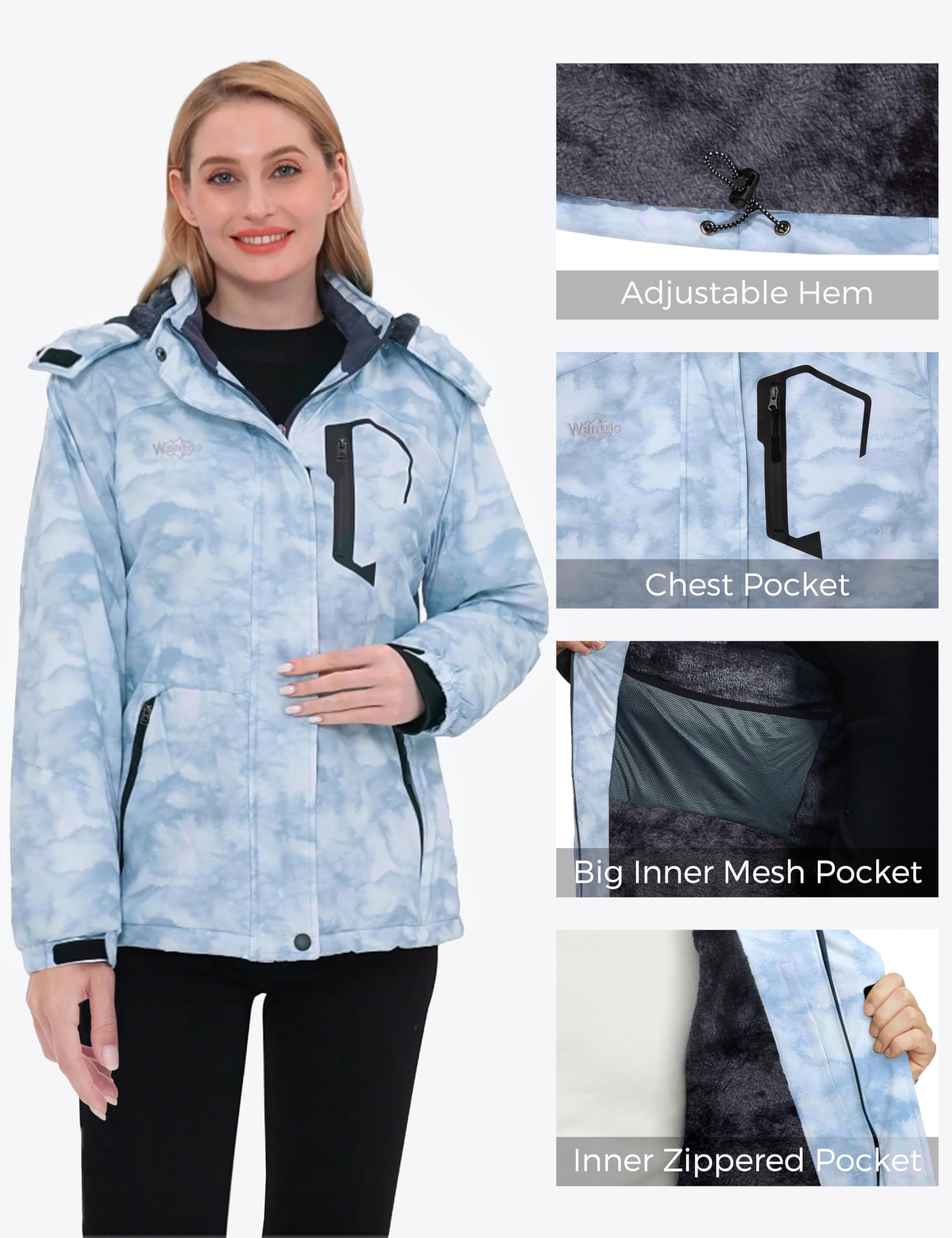 Wantdo Damen Skijacke Fleece Kapuze Winter Windbreaker Jacke | Wasserdicht,Winddicht,Warm Gefüttert, Brusttasche,Verstellbare Bündchen, Damen Wintermantel,Outdoor,Snowboard,Wandern,Berg