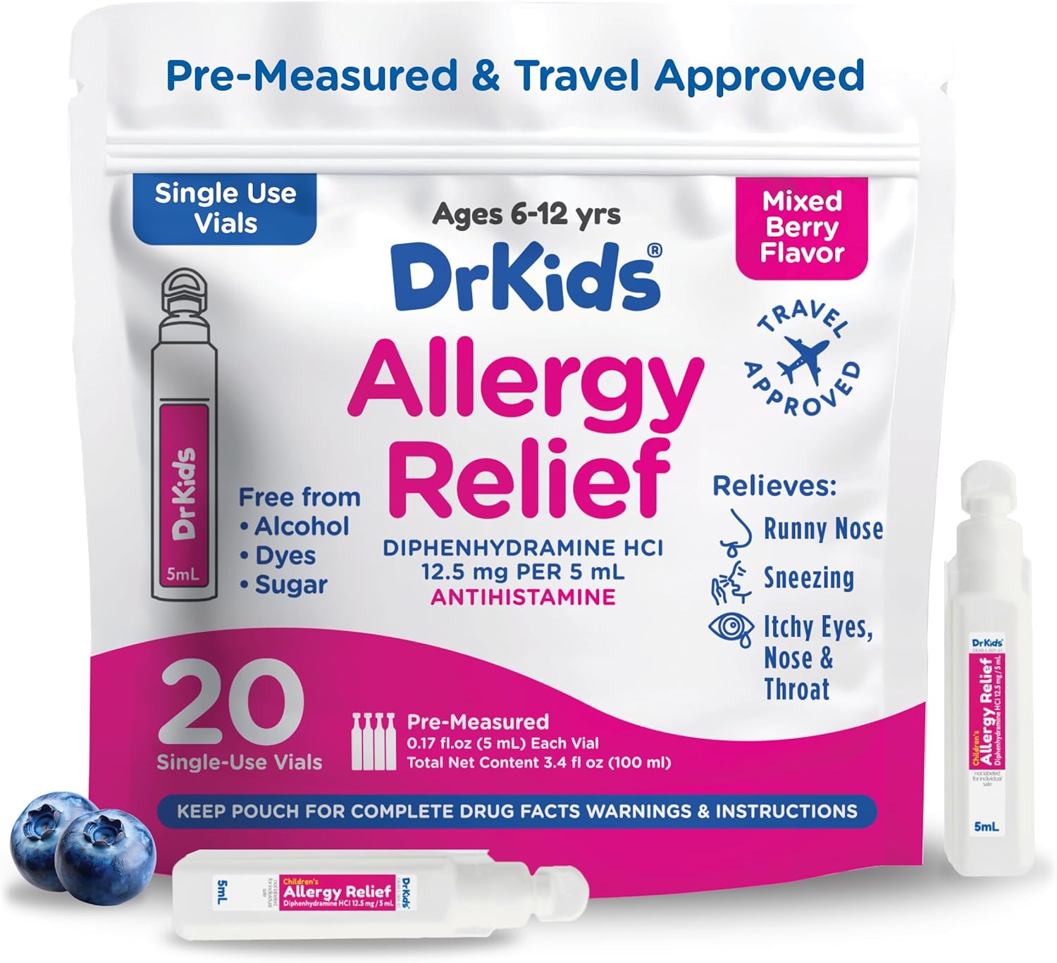 Dr. Kids Children's Allergy Relief Medicine with Diphenhydramine HCl 12.5 mg - Pre-Measured Single-Use Vials, Kids Antihistamine for Sneezing, Runny Nose & Itchy Eyes, Mixed Berry Flavor, 20 Count