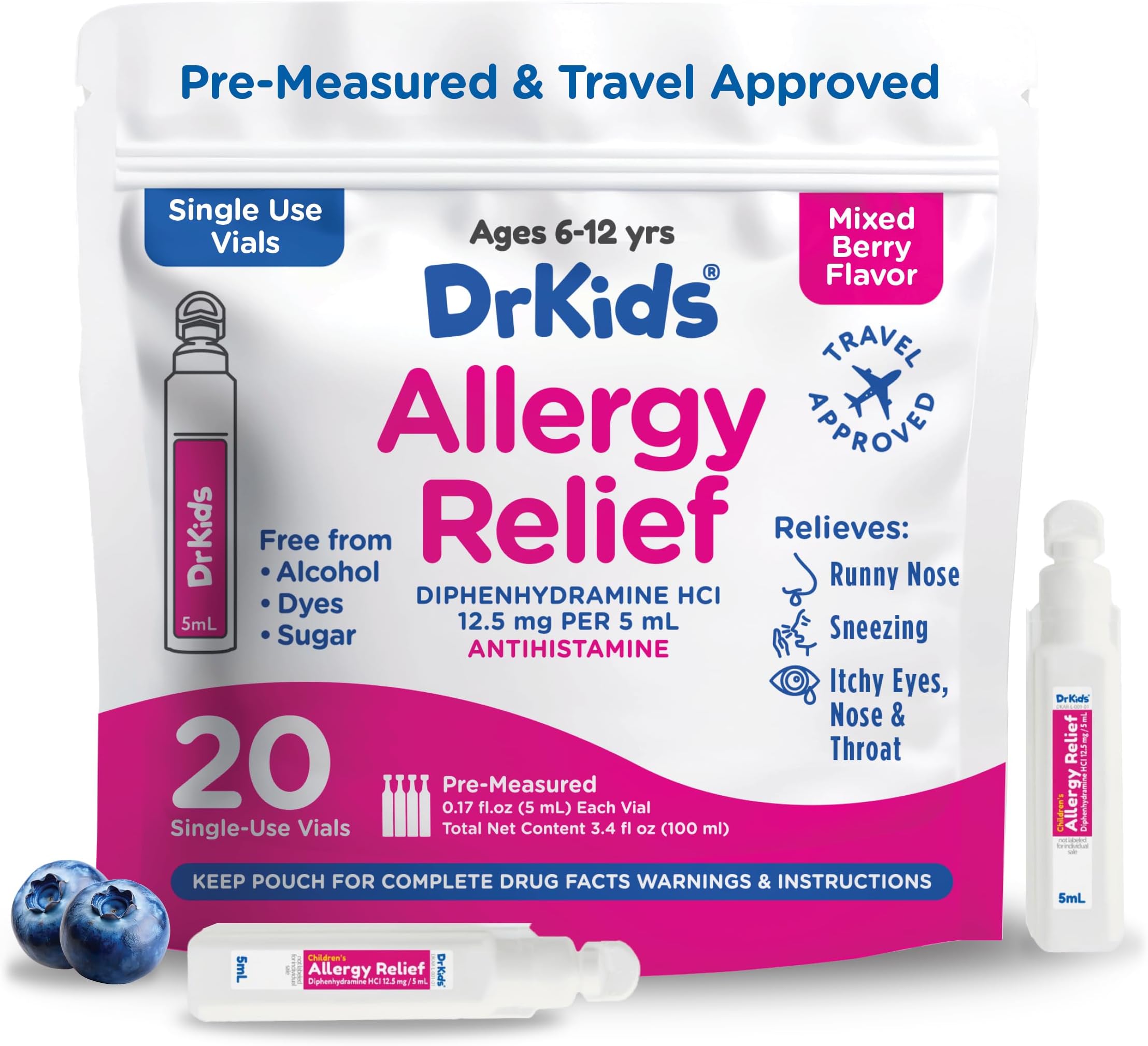 Children's Allergy Relief Medicine with Diphenhydramine, 20 Pre-Measured Single-Use Vials, Mixed Colors