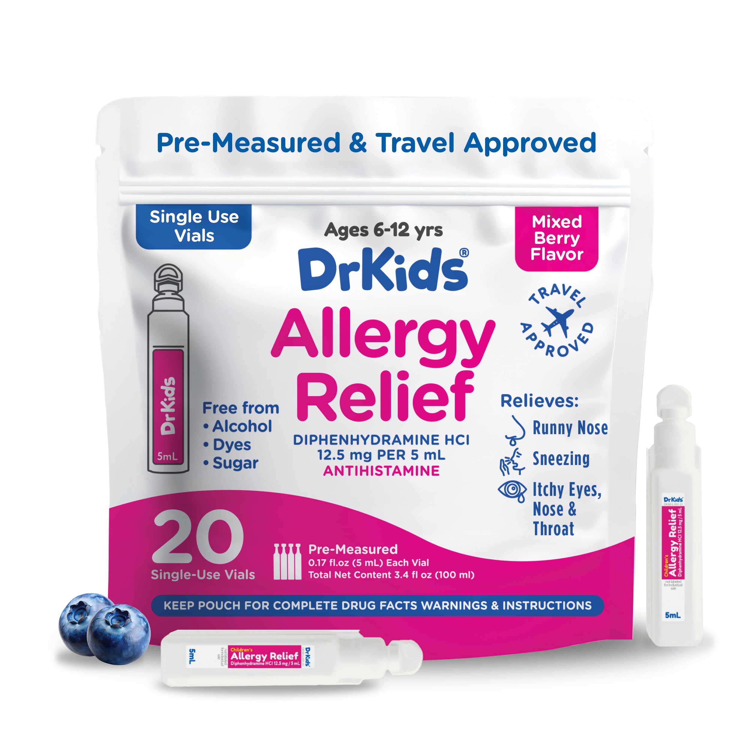 Dr. KidsChildren's Allergy Relief Medicine with Diphenhydramine, 20 Pre-Measured Single-Use Vials, Mixed Colors