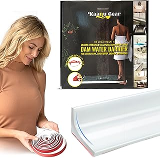 118 Inch Collapsible Shower Threshold Water Dam Adhesive Silicone 0.47 High Shower Dam Water Stopper Barrier For Bathroom Kitchen Splash Guard Edge Trim Strip For Dry and Wet Separation (White)