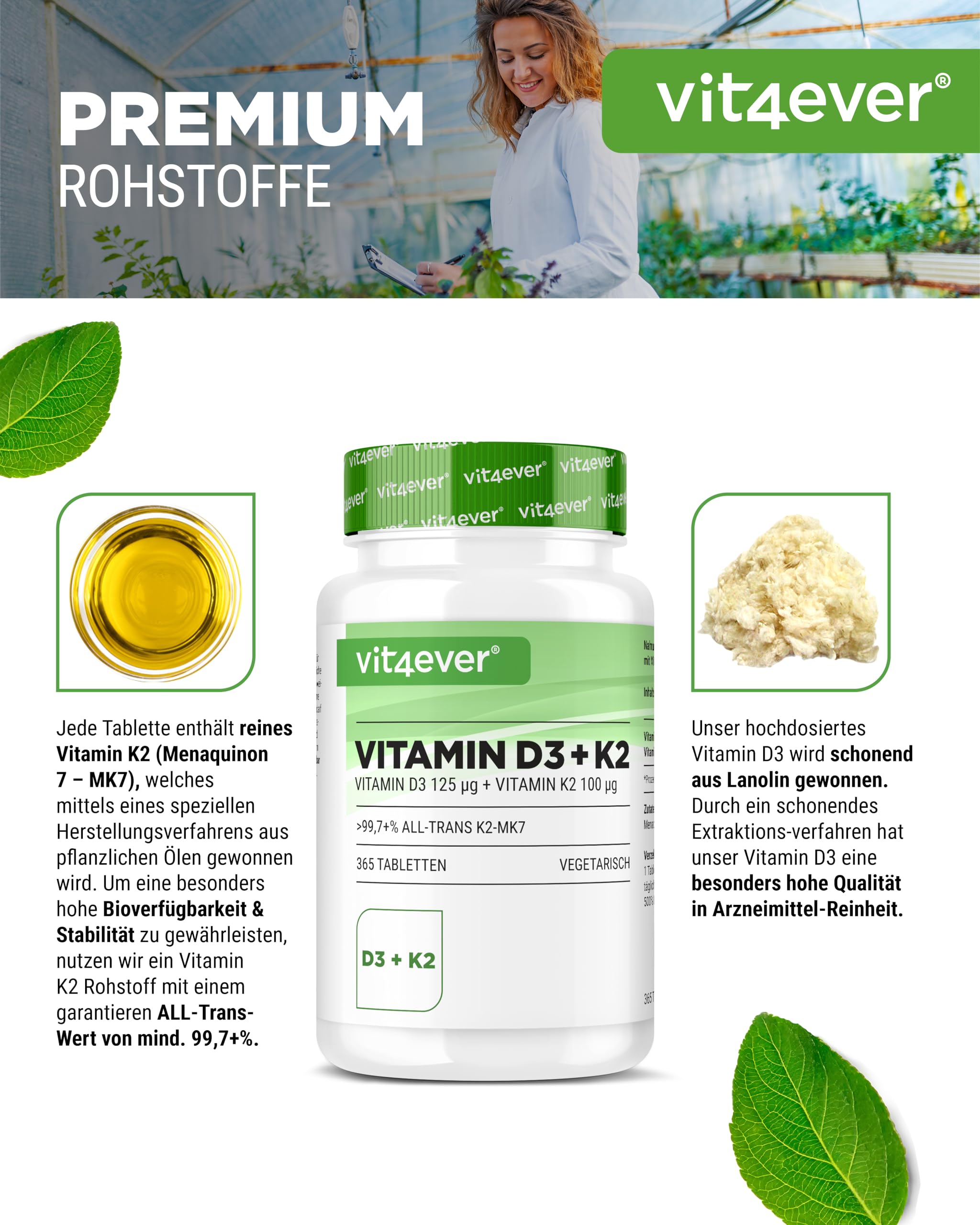 vit4ever Vitamin D3 + K2 Depot - 365 Tabletten - Premium Rohstoff: 99,7+% All-Trans - Mit 5000 I.E. Vitamin D3 pro Tablette - Vegetarisch - Premium Qualität - Ohne unnötige Zusätze | 100 µg Vitamin K2 MK7, aus Lanolin, vegetarisch, ohne unnötige Zusätze &