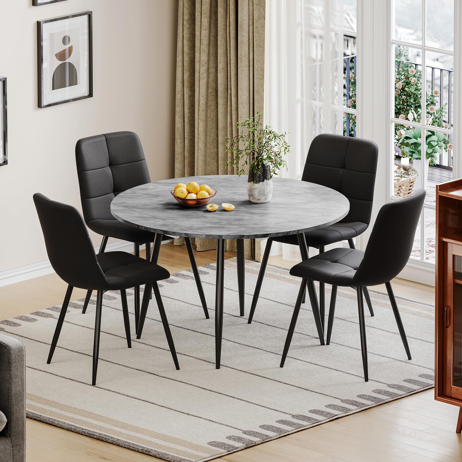 Extendable Round Dining Table and Chairs Set 4, Drop Leaf Folding Table Set