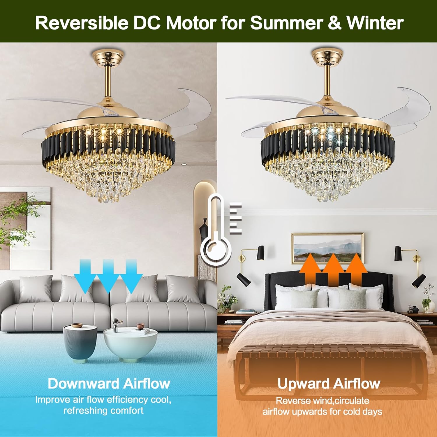 52" Bluetooth Ceiling Fan with Speaker, RGB-LED Dimmable Light 6 Speeds Reversible Blades Modern Fandelier Chandelier with Remote APP Control Memory Timer Function for Bedroom Gold