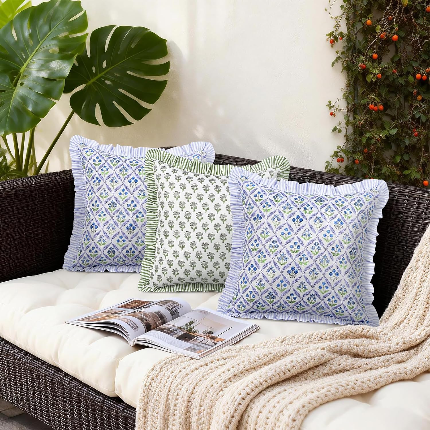 cygnus Blue Green Floral Outdoor Pillow Covers 18x18 Inch Waterproof Ruffle Decorative Spring Summer Throw Pillow Covers for Couch Patio Furniture Garden Bench Porch Outdoor Decor, Set of 2