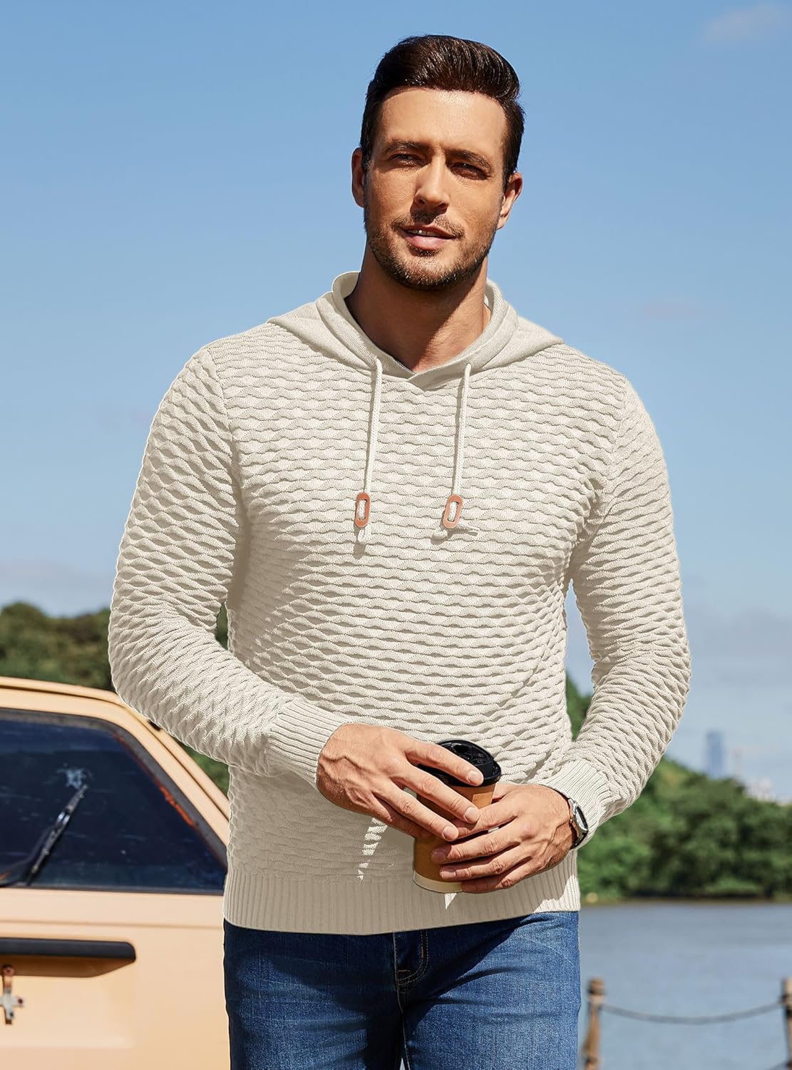 Men's Waffle-Knit Hooded Pullover Sweater Solid Color Hoodie with Adjustable Drawstrings & Leather Tag - Image 2