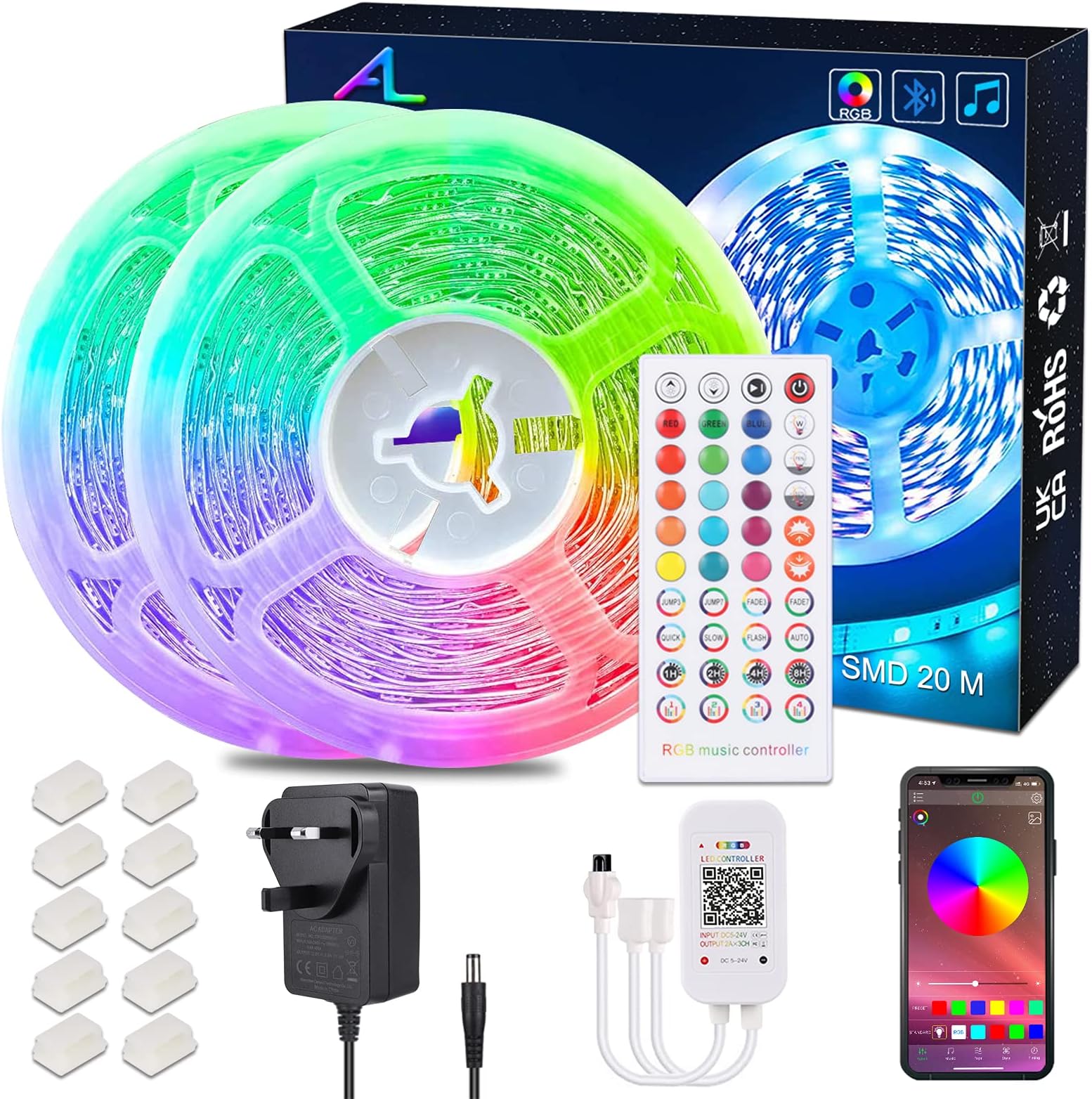 ALED LIGHT Bluetooth LED Strip Lights 20M, Music Sync Color Changing 12V RGB 5050 Rope Light Strips Kit App Control with Remote for Home Decor, Ceiling, Bedrooms, Party TV Kitchen Kit(2x10m)