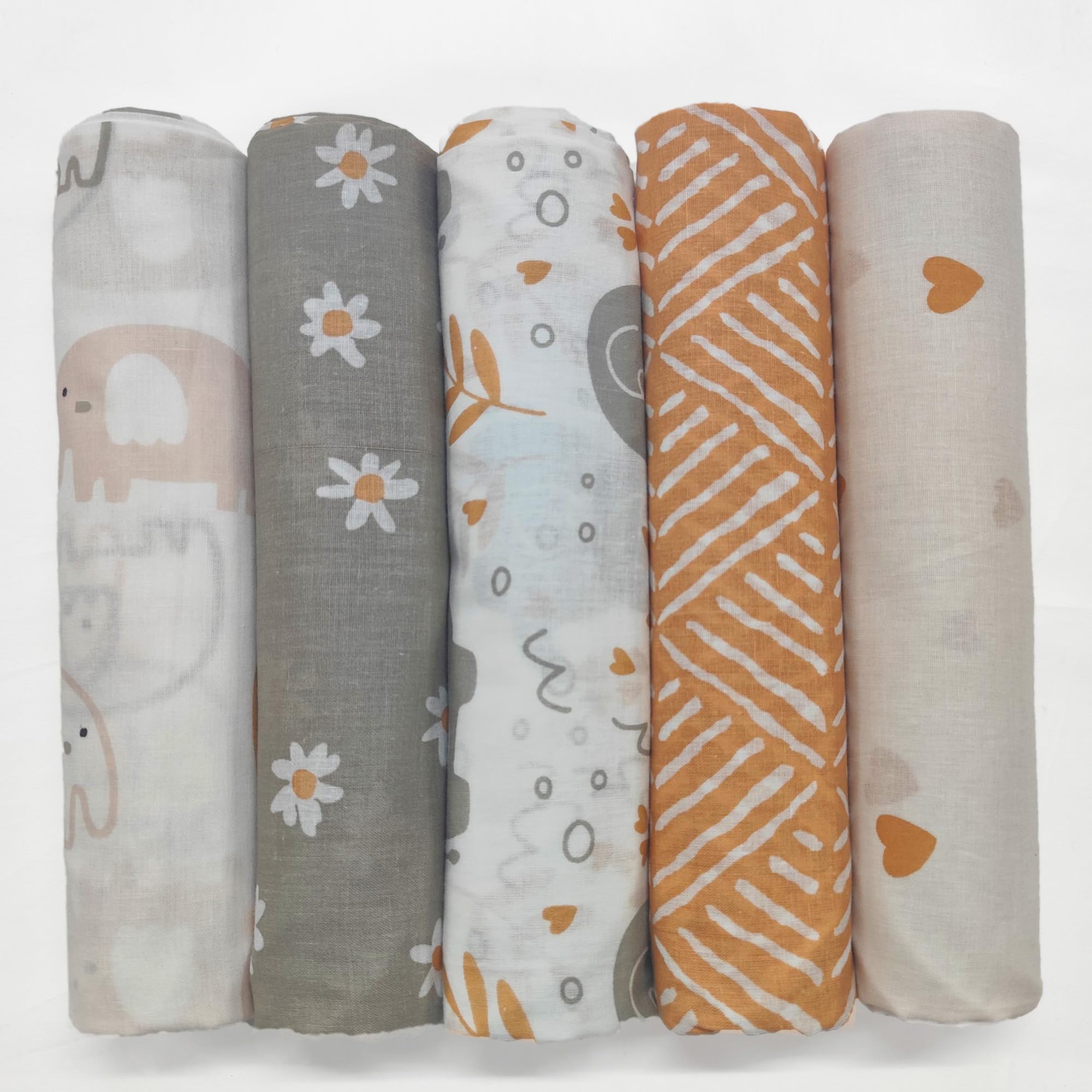 Trance Home Linen Super Ultra Soft 100% Cotton Malmal Baby Swaddle Cloth | Baby Wrap for New Born Babies | Skin Frindelly Soft Baby Towel |New Born Swaddles-(100x100 Cm, Terra Tots,Pack of 5)