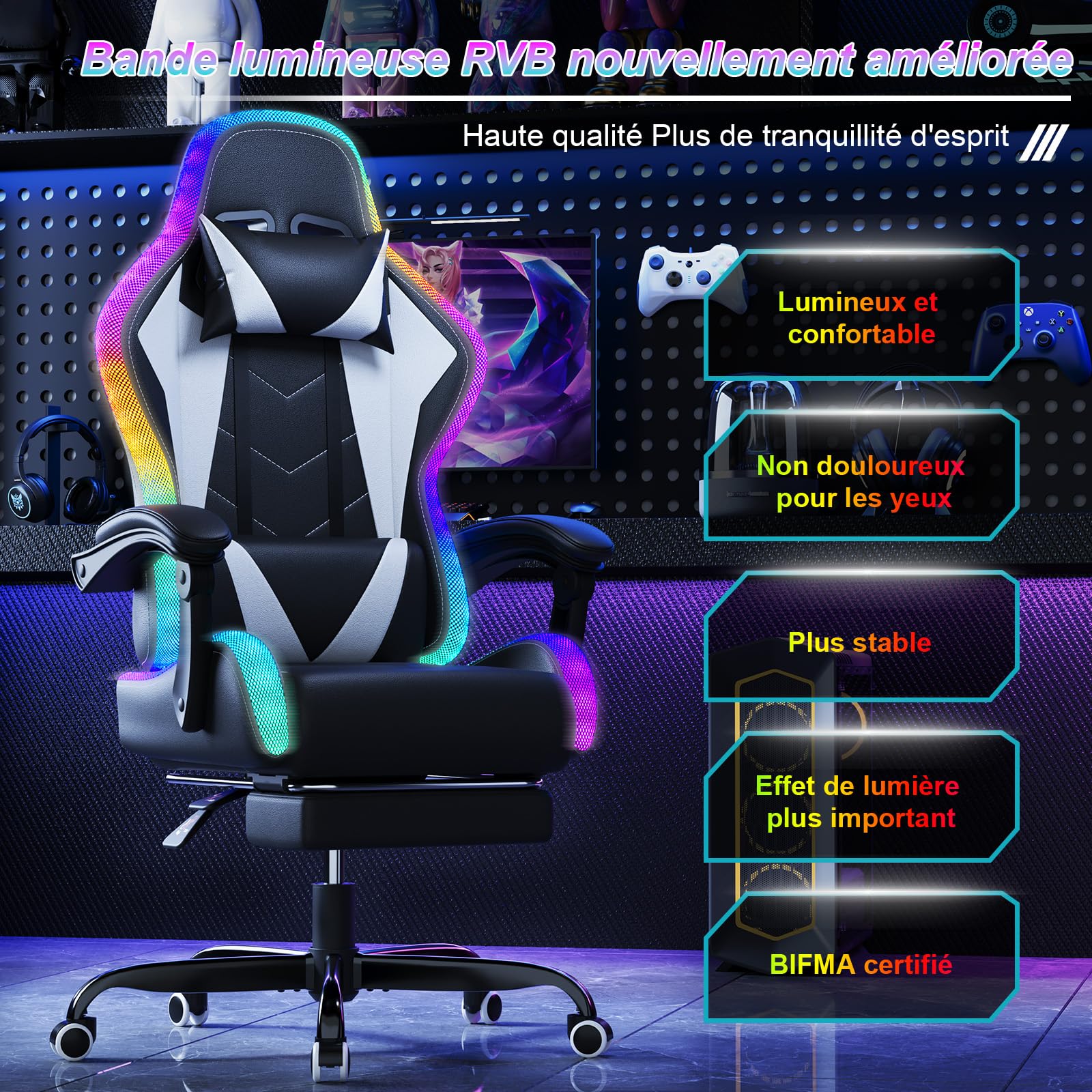 Devoko Chaise Gaming Ergonomique avec LED RGB, Massage Lombaire & Repose-Pieds – Fauteuil Gamer avec Appui-tête réglable – Dossier inclinable & Hauteur Ajustable – 180 kg,Blanc