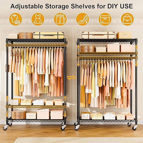 Vista 3 de P7 - Perchero enrollable para ropa, estantes para colgar ropa, estante resistente para prendas con ruedas, estante de clóset portátil de 3 niveles