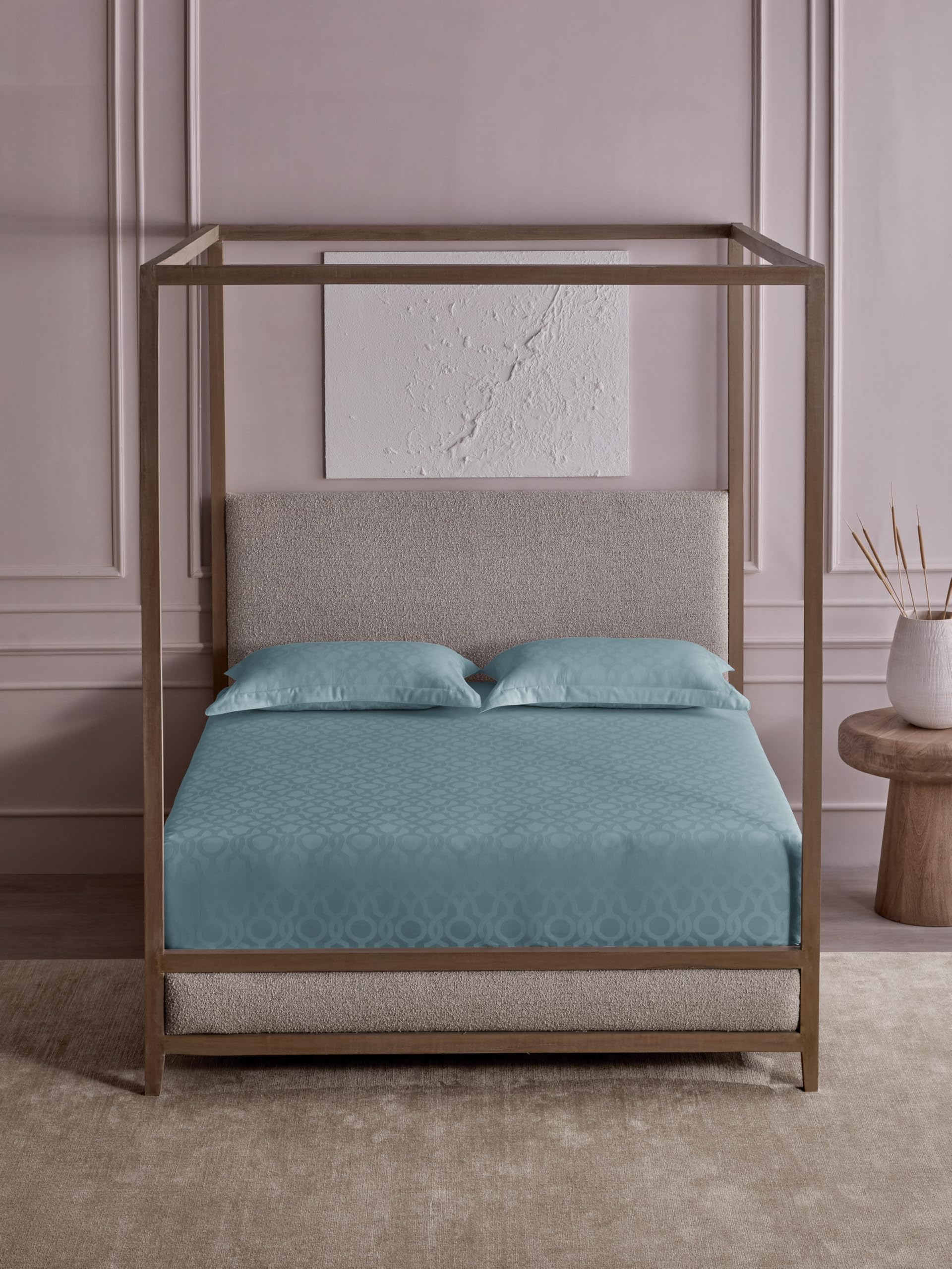 - DDecor Jacquard Collection 100% Cotton Geometric 300TC Soft, Durable & Skin-Friendly Super King Flat Bedsheet with 2 Pillow Covers Lunex Blue | 274 CM X 274 CM