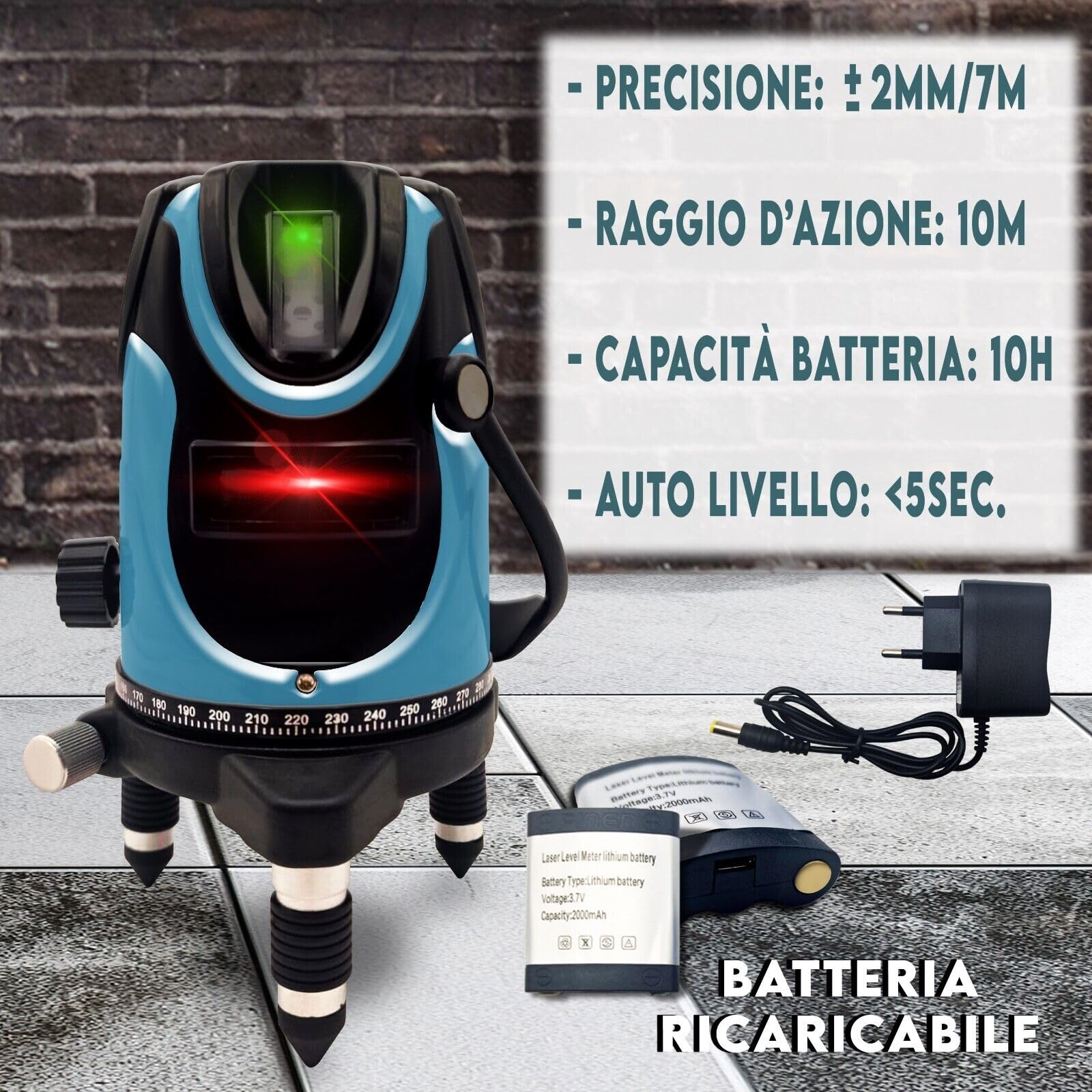 MAKA Livella Laser Autolivellante 360 4 Linee Professionale Luce Rossa Rotazione 10 Ore Autonomia Raggio 10 Metri Giroscopio Interno Linea Verticale ed Orizzontale Stabile (5 Laser)