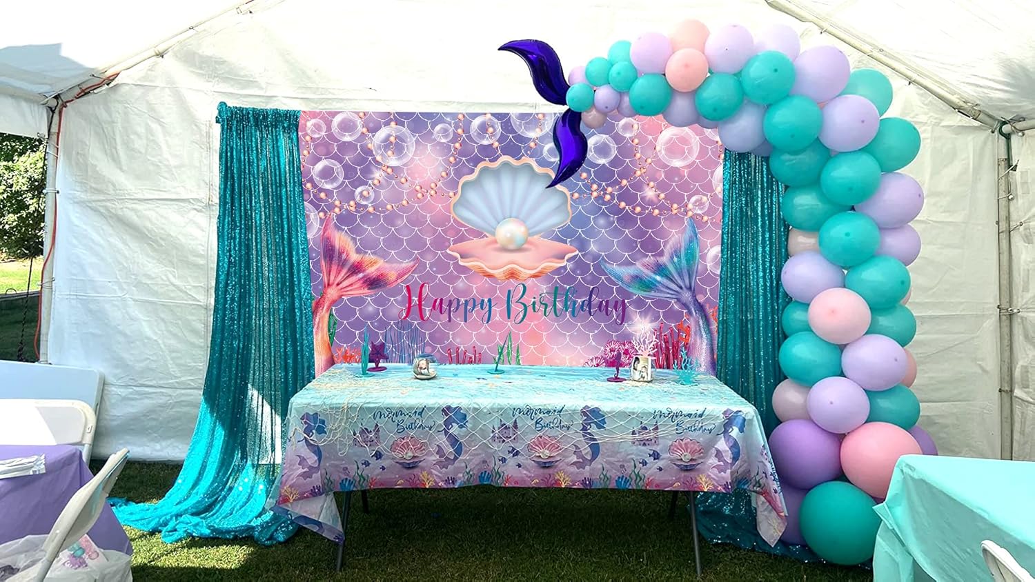 7x5ft Mermaid Happy Birthday Backdrop Under The Sea Background with Pink & Purple Mermaid Scales Girls Theme Party Decorations Photo Booth Props - Image 3