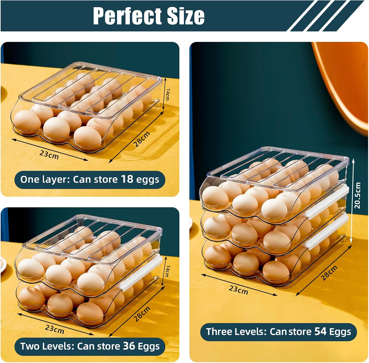 Egg Holder for Fridge, Rolling Egg Holder for Refrigerator, Egg Organizer for Refrigerator Clear Plastic Egg Dispenser with Removable Lid and Tray (2 Layer Holds 36 Eggs)