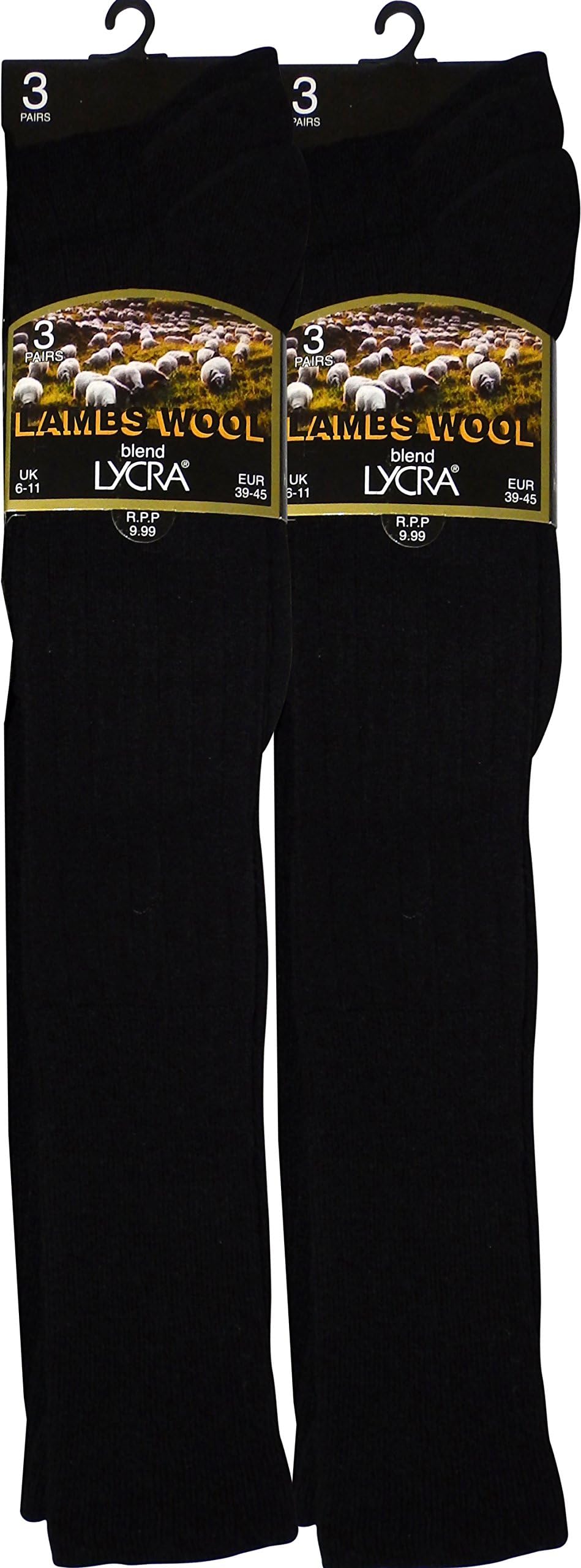 6 pairs Super Luxurious Mens Long, Knee High Lambs Wool blend Lycra Winter Socks (049L-Wool-BLK)