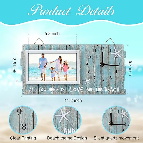 Miniatura 2 de Blulu Reloj de pared con temática de playa, reloj de pared decorativo de madera, reloj de pared rústico con marco de fotos, reloj de fotos de