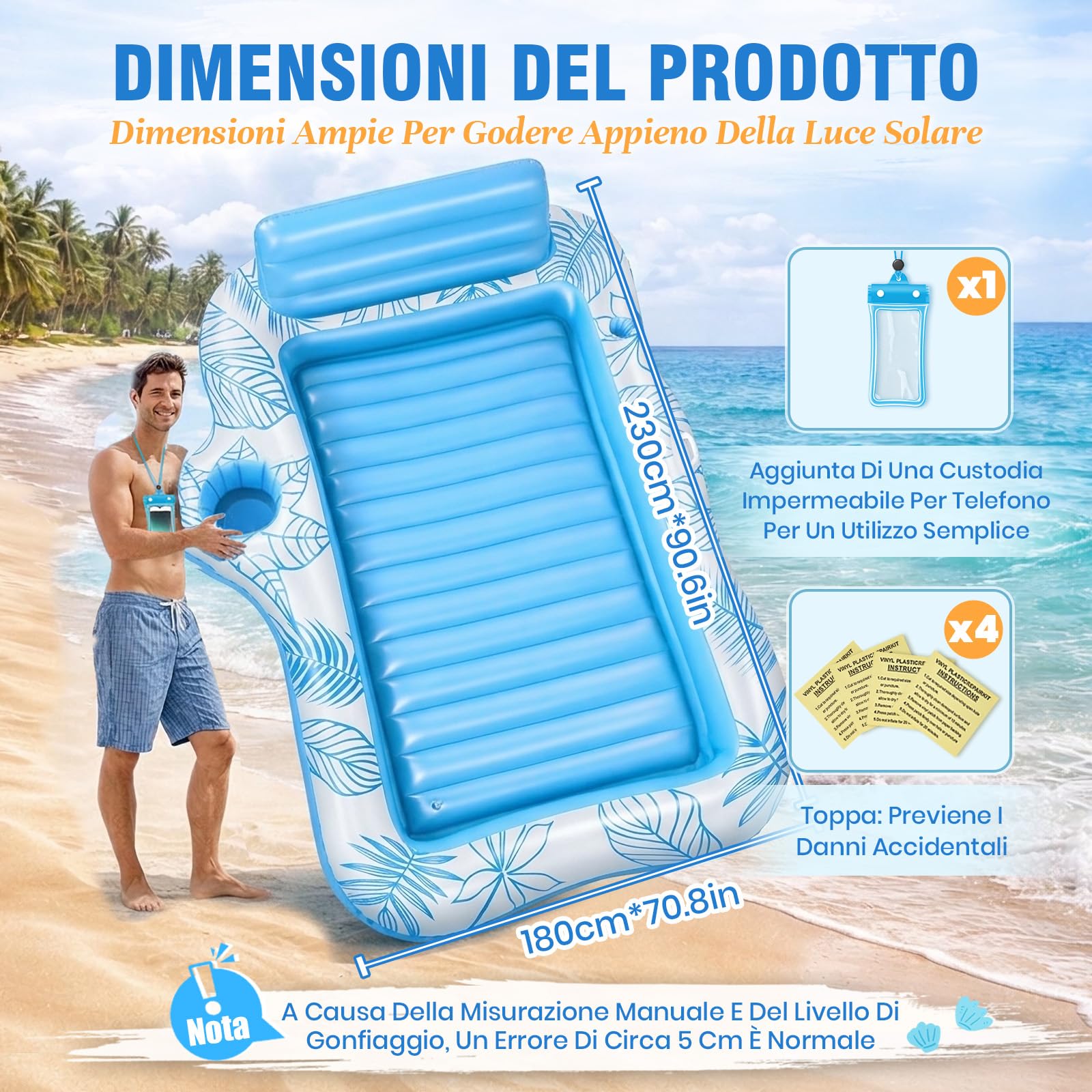Charmofun Materassino Gonfiabile Abbronzante, 230 * 180 cm Materassino Gonfiabile Piscina con Custodia Impermeabile e Bar del Ghiaccio, Lettino Abbronzante Zattera Piscina per Spiaggia Festa