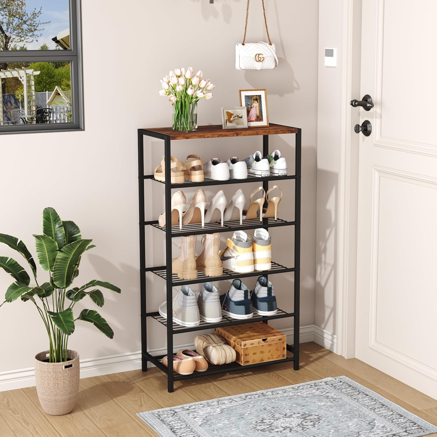 HOMEFORT Shoe Rack 6-Tier, Shoe Storage Shelf, Industrial Shoe Tower, Narrow Shoe Organizer for Closet Entryway, Small Shoe Rack Table with Durable Metal Shelves, Rustic Brown