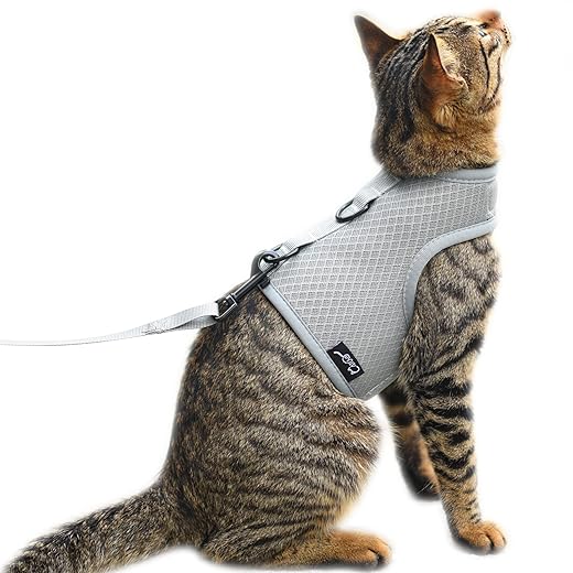 Cat Harness & Walking Leash, Breathable Mesh Fabric Escape Proof Adjustable Stylish Padded Vest for Cats, Solid Grey Large