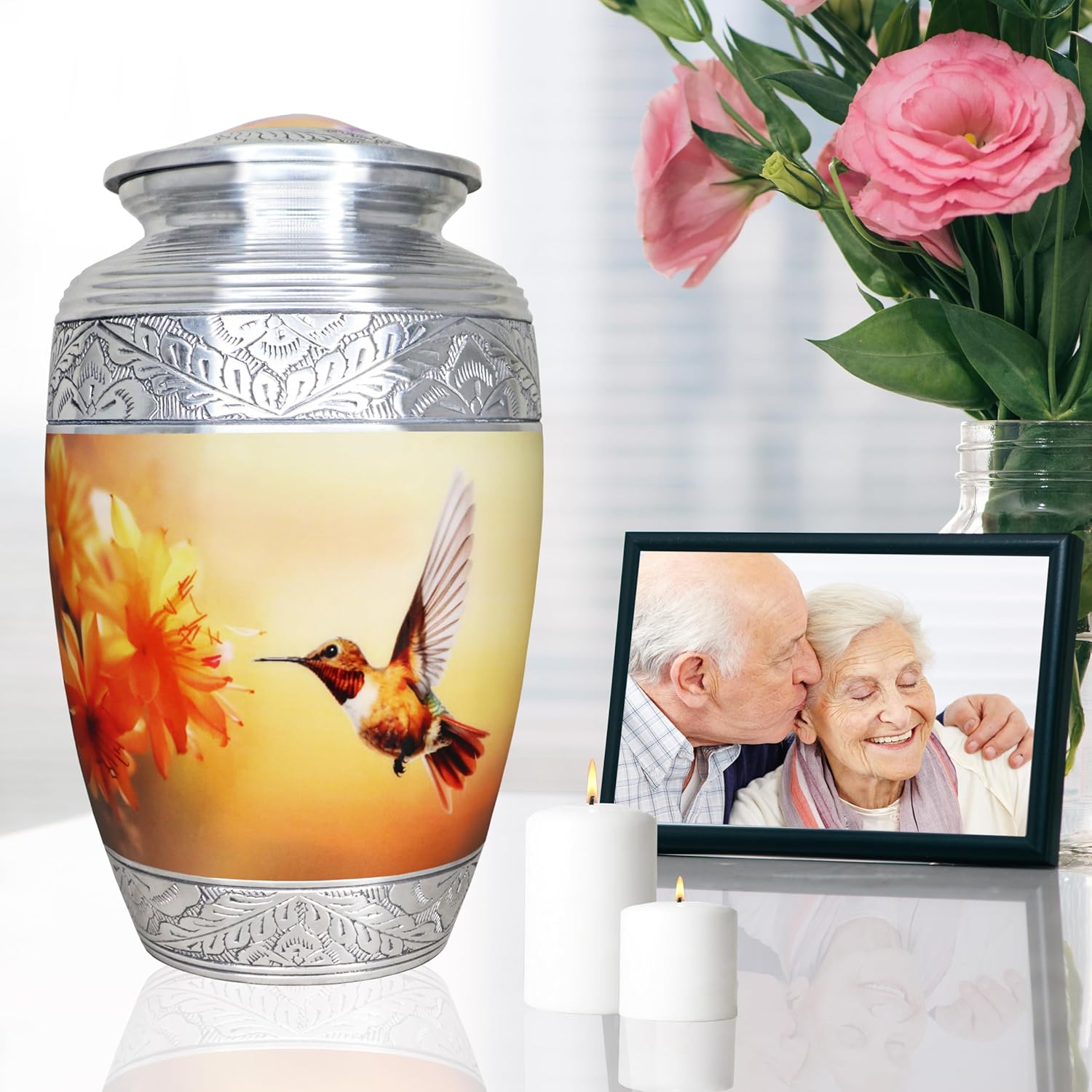 M MEILINXU Urn for Ashes for Women, Cremation Urns for Human Ashes Adult Female & Man, Funeral Decorative Human Urns for Adult, Yellow Bird, Flowers and Hummingbird Urn - Large Full Size