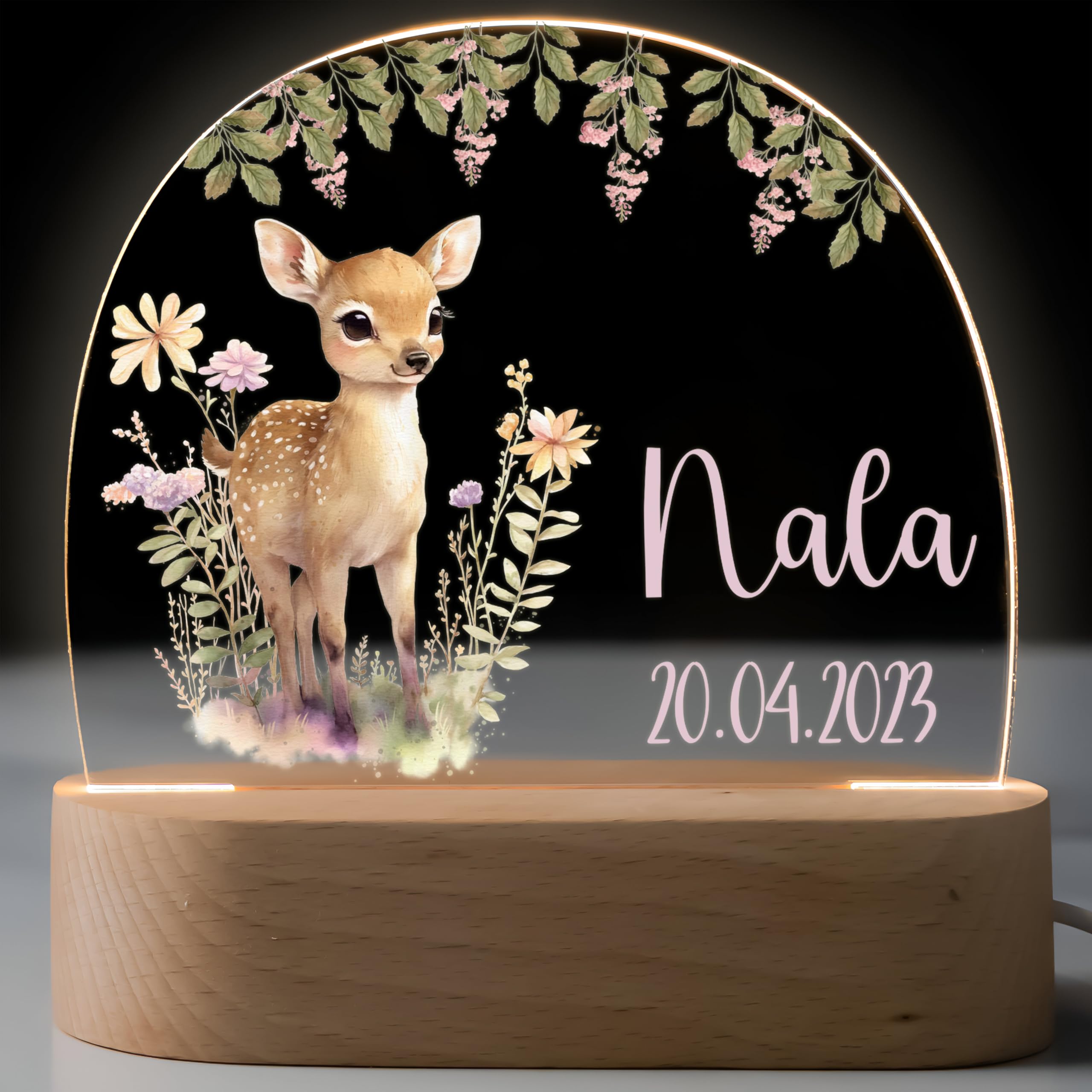 Kidsmood - Nachtlicht Baby - Personalisiertes Nachttischlampe mit Name & LED Stillicht Kinderzimmer, dimmbar - Geschenk zur Geburt, Taufe & Geburtstag für Mädchen & Jungen [Fuchs Floral]