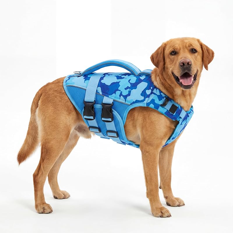 Colete salva-vidas para cães ASENKU com alça de resgate, espuma EPE e EVA, Blue Camo, XL