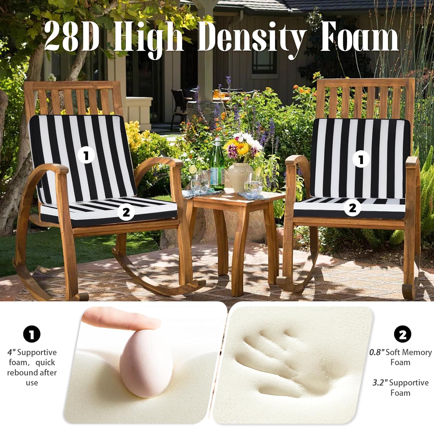 Outdoor Deep Seat Cushion Set, 24 x 24 Inch Waterproof and Fade Resistant Patio Furniture Cushion Backrest with Ties for Patio Garden Yard and Balcony (Black Stripes, 24x24Inch)