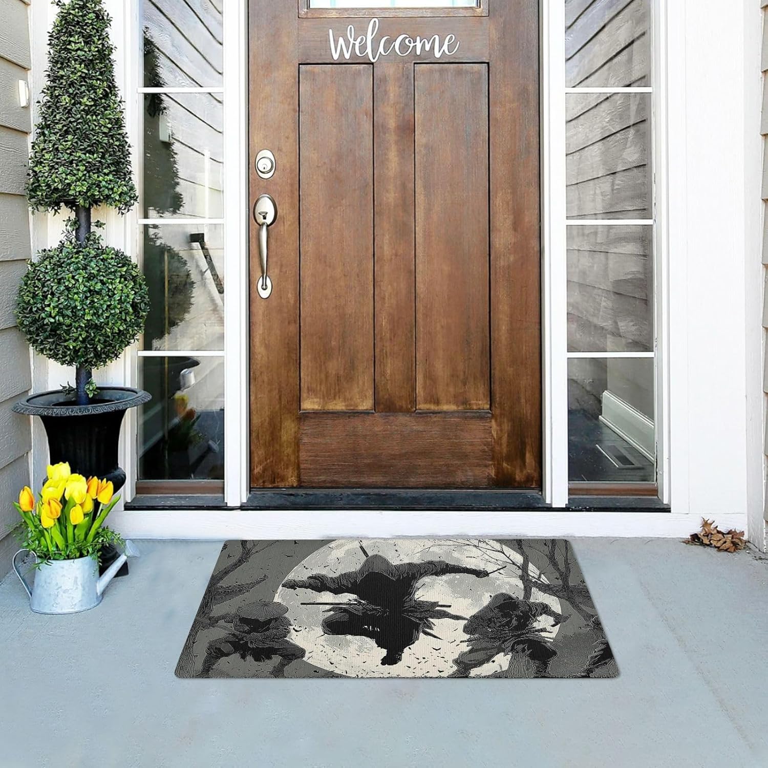 Welcome Mat Low Pile Anti Slip Indoor Outdoor Door Mat Entrance Rug for All Weather Anime Ninja Print