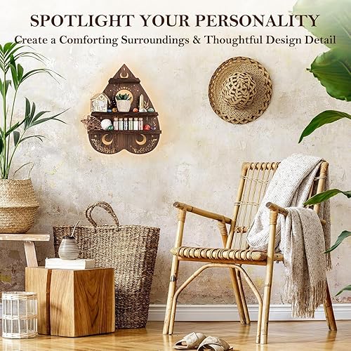 Vista 13 de ANROYE Estante de exhibición de mariposa de luna de cristal, estantes flotantes de pared de madera de pino boho con luz para almacenamiento