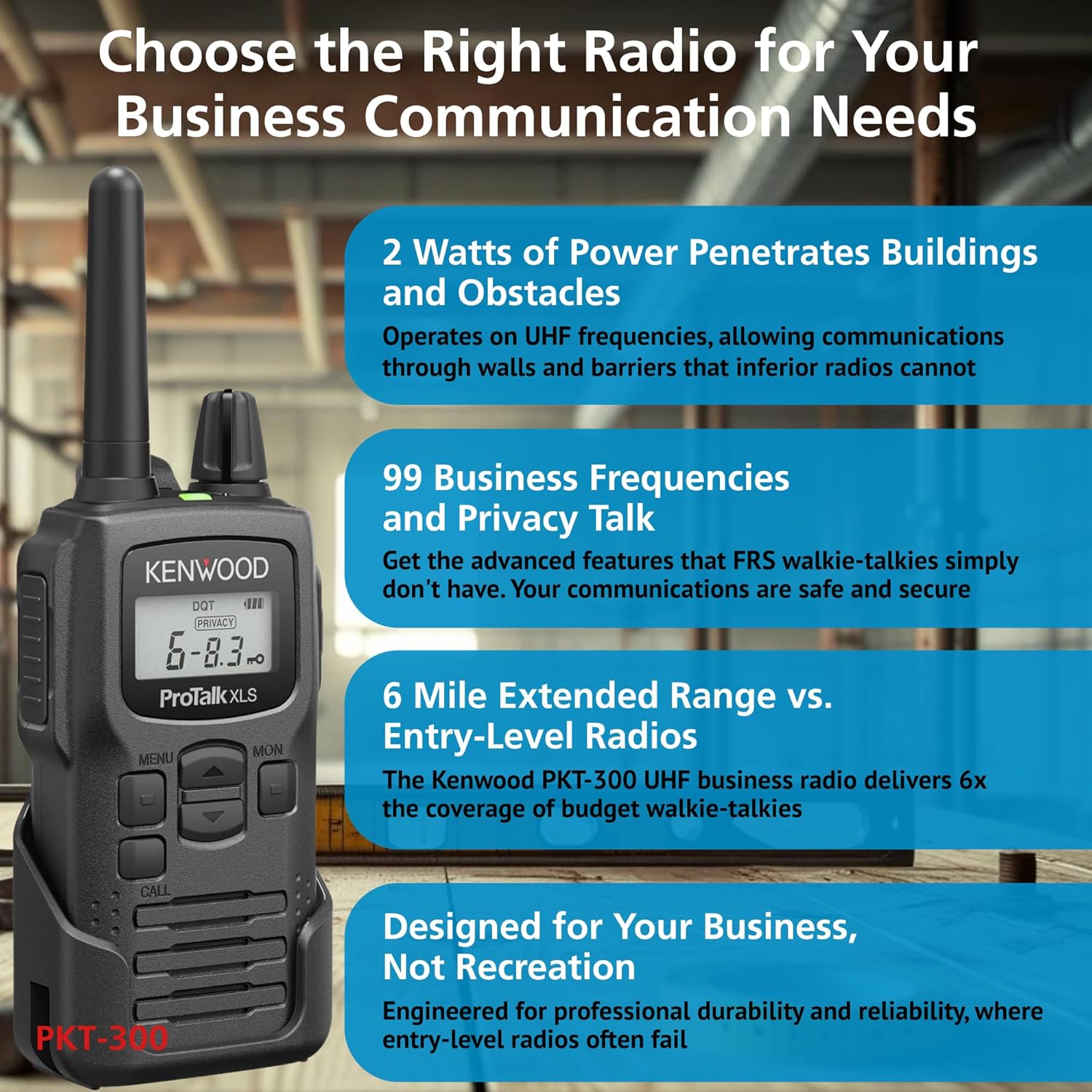 KENWOOD ProTalk Portable UHF Two-Way Radio, 2W Power, VOX and Privacy Talk, 6 Channels, 10 Call Alerts, Durable MIL-STD 810, 16-Hour Battery, 6-Mile Range Walkie Talkie, Backlit LCD Screen, PKT-300U