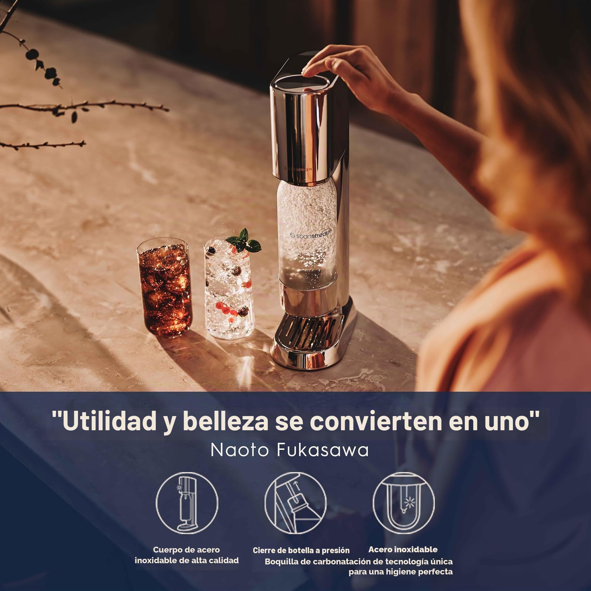 sodastream ensō - Máquina de agua con gas y soda | Pack 1 botella 1 L compatible con lavavajillas + 1 recarga de gas de 60 L para Clipser | Acabado blanco arena