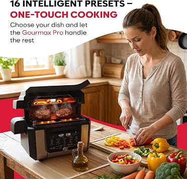 Foodgenie Gourmax Pro One Cooking Device - All-in-One Oven, Smokeless Grill, Air Fryer, Griddle, Cooker & More 16 Preset Functions, Smart Temperature Control, Dual Surface, Dishwasher Safe, 1500W