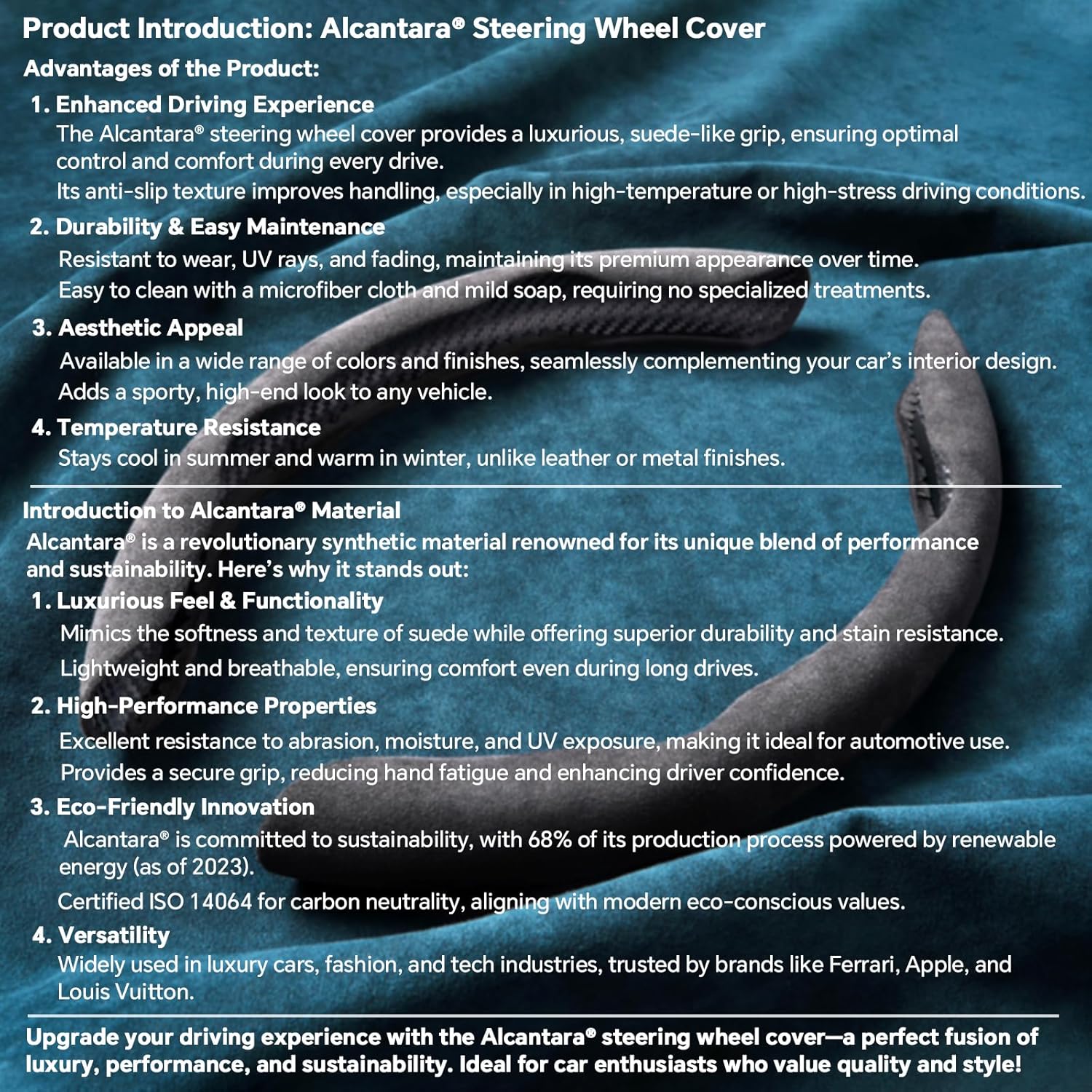 2 Piece Alcantara Steering Wheel Cover - Split Sport Design for D & O Shape Wheels, Soft Touch · Anti-Slip Grip · All Season Comfort · Durable Luxury Material for Performance Cars