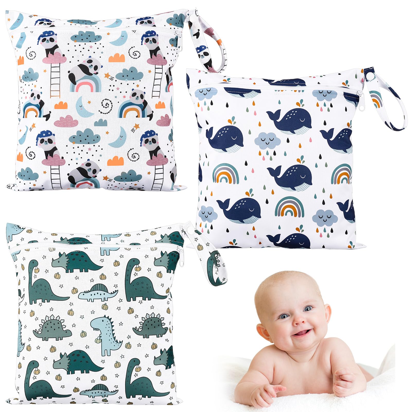 Kaisibum 3 Stück wasserdichte Windeltasche Stoffwindeln Nasstaschen Große Wickeltasche Wetbag Kindergarten Wet Dry Cloth Windeltasche mit Reißverschluss für Baby Reisen Unterwegs(Panda+Wal+Dinosaurie)