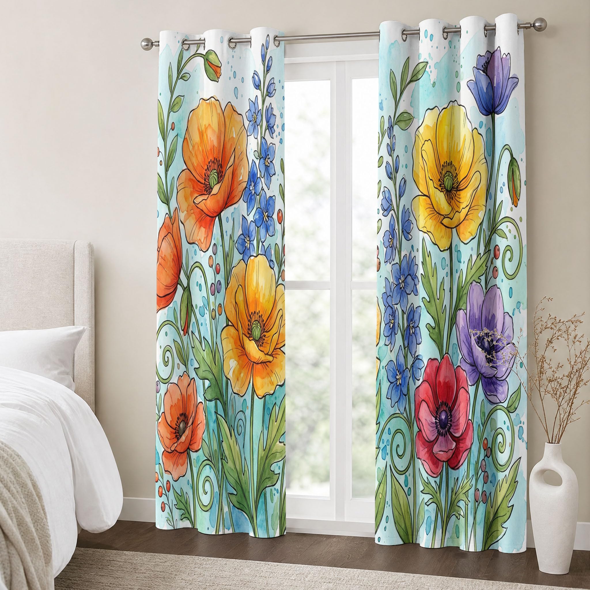 Orange Blickdicht Vorhänge, Mohnblume Gänseblümchen Rose Verdunklungsvorhänge Mit Ösen Gartenblumen Thermovorhang Für Wohnzimmer Schlafzimmer - H140 X B90 cm (2Er Pack)