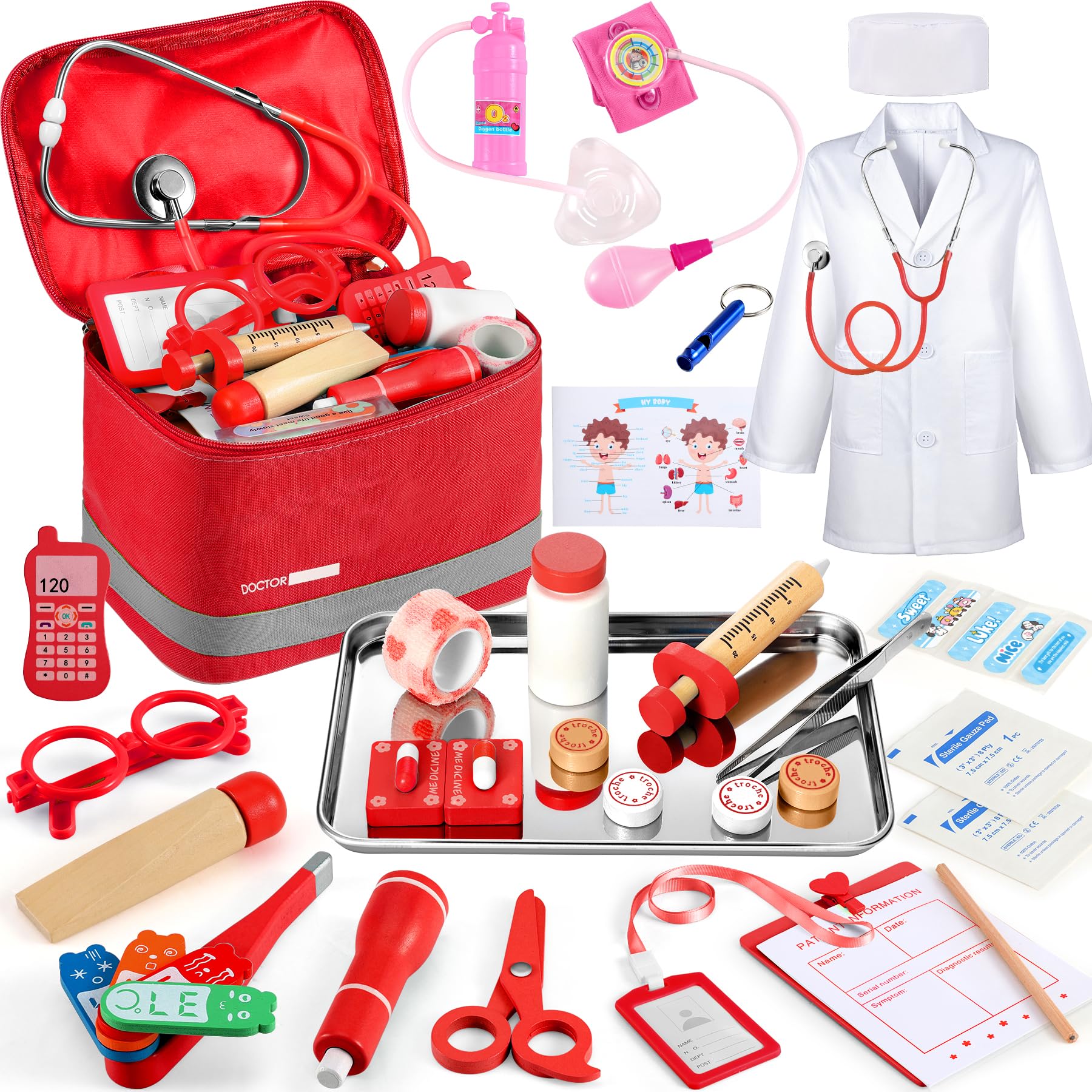 Arztkoffer Kinder ab 3 Jahre, 39 Teile Holzspielzeug Doktorkoffer | Stethoskop Role Play Arztkittel Spielzeug 3 Jahre mit Thermometer Tragbarem Beutel Geschenk für ab 3 4 5 6 Jahre