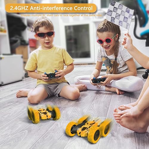 Vista 31 de Auto de control remoto para niños, auto de acrobacias RC giratorio de 360°, vehículo eléctrico 4WD de doble cara con luces LED, autos de juguete