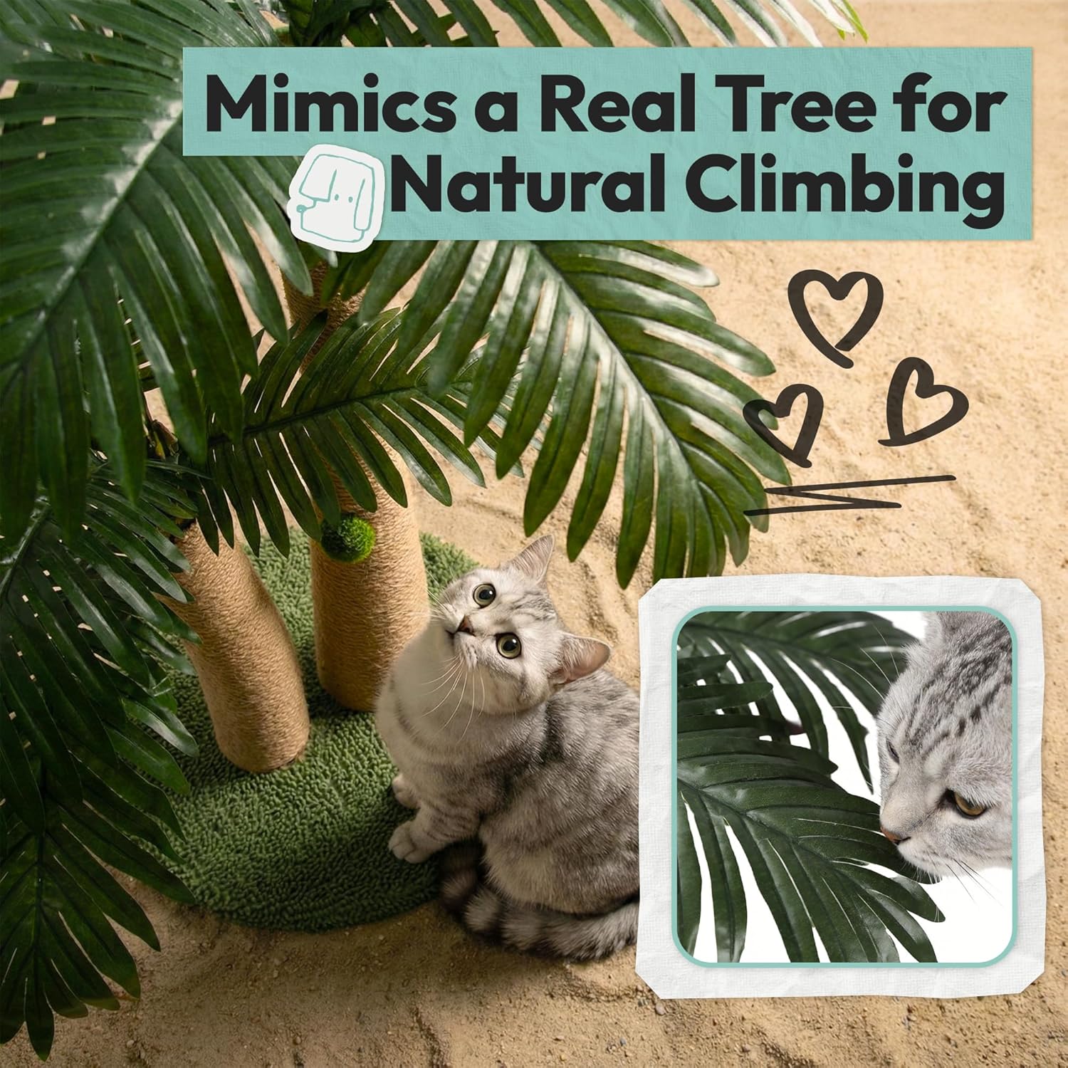 33" Tall Cat Scratching Post, Natural Jute Cat Scratcher for Indoor Cats, Double Coconut Tree Design with Hanging Toy Ball & Rest Platform,Stable Furniture Protector for Kittens & Adult Cats,M