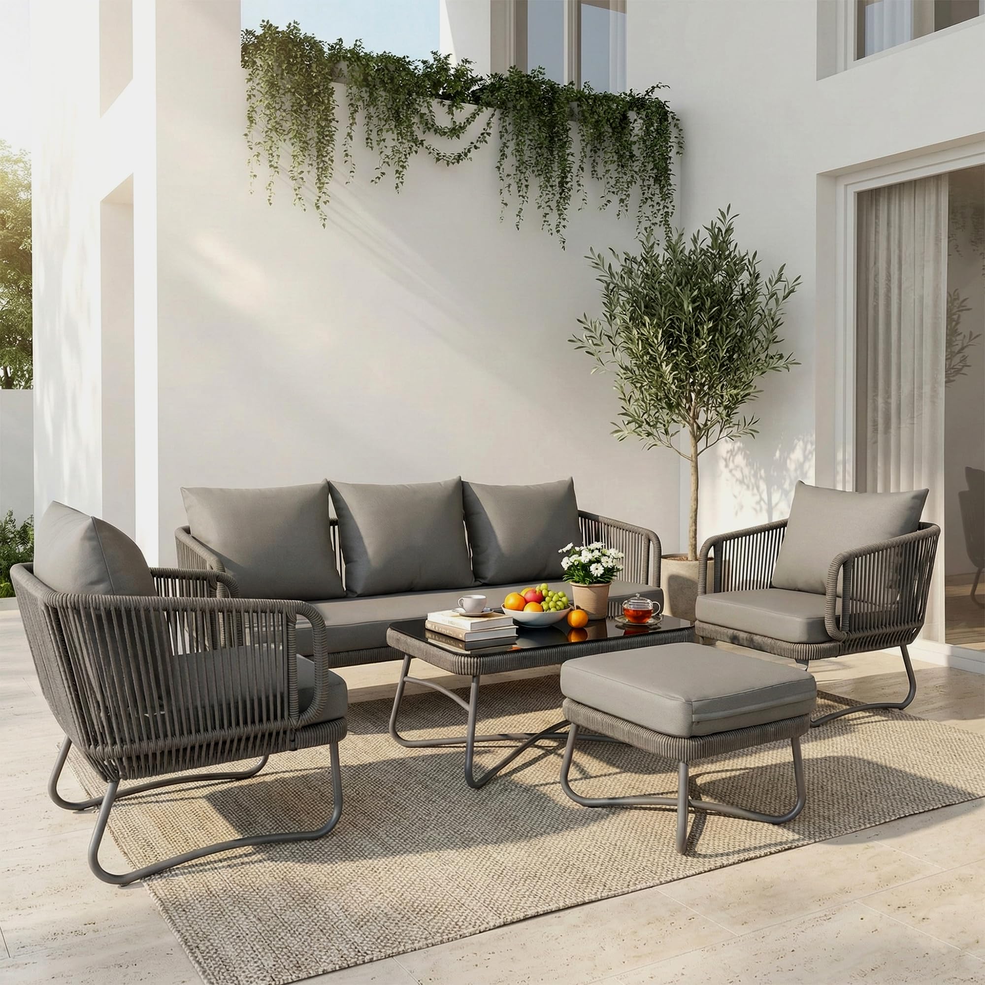 Amazon Brand - Solimo Harbor Outdoor Rope Sofa Set | Balcony Sofa | Patio Conversation Sets | Braided Rope Garden Sofa Set and Ottoman (6 Seater- Grey & Dark Grey)-image-3