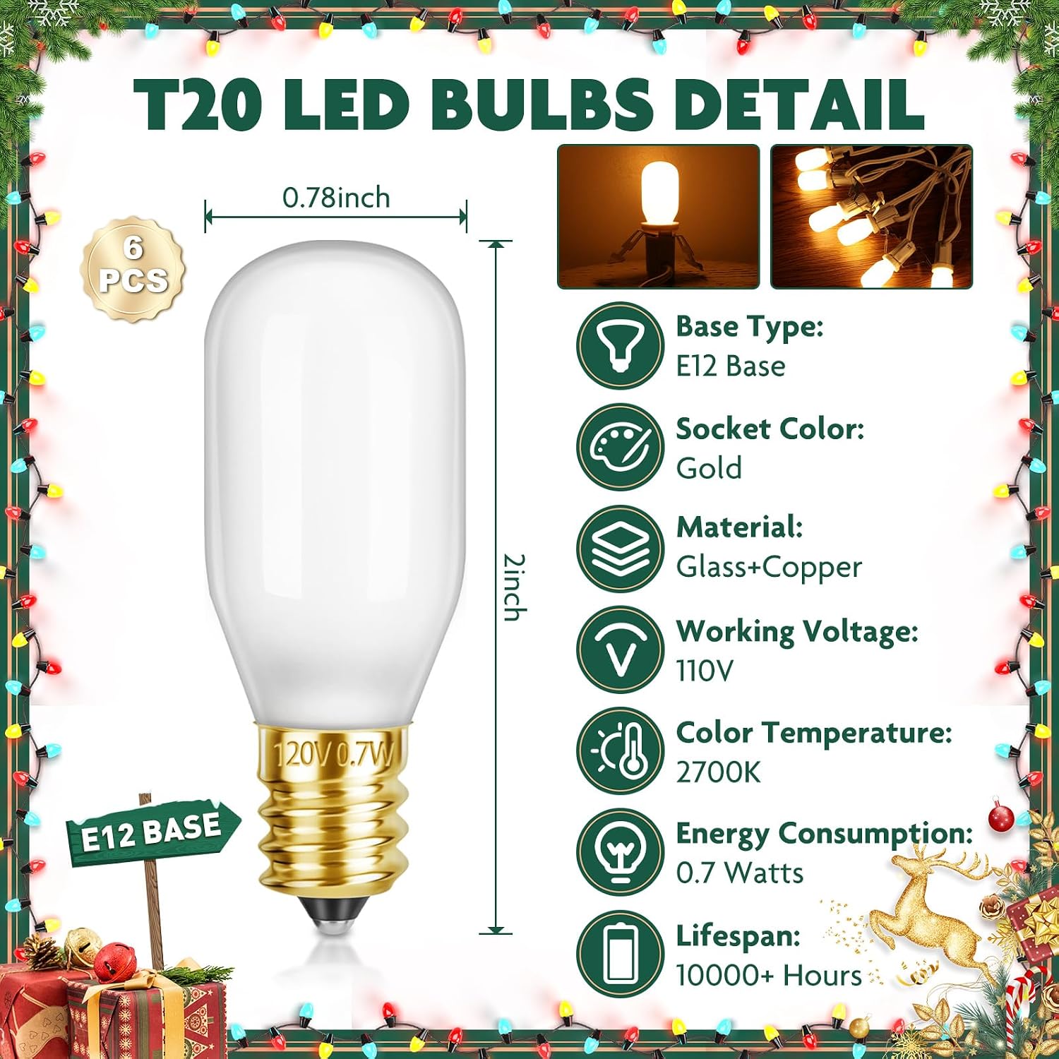 6PCS Christmas Village Light Bulbs E12 Base T20 LED Christmas Village Replacement Light Bulbs Accessory for House Replacement Bulbs Accessories (Gold Base) image 2