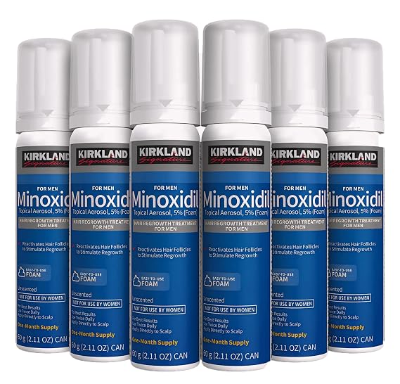 Kirkland Signature Hair Regrowth Treatment Minoxidil Foam for Men, 2.11 oz, 6 Count (6 Month Supply) - 2 MicroFiber Cleaning Cloths and Comb Included