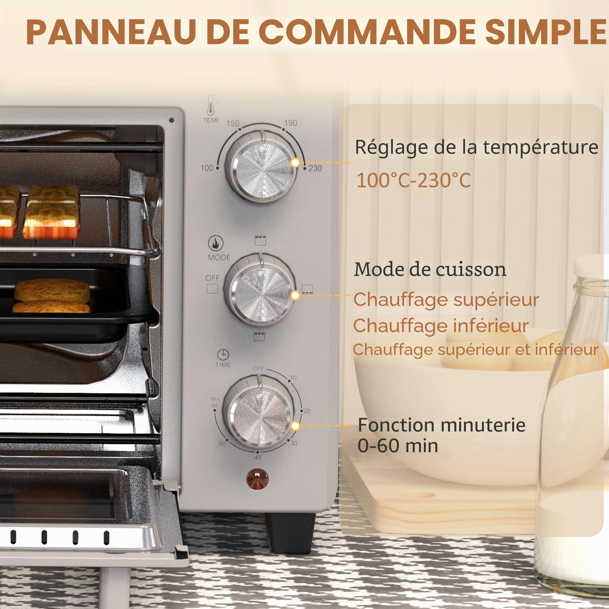 HOMCOM Mini four à pizza de 21 l, miniofen inkl. Backblech, Grillrost und Krümmelblech, 1400W Tischbackofen mit 1h Timer, Ofenrost, 100-230℃, Metall, Silber