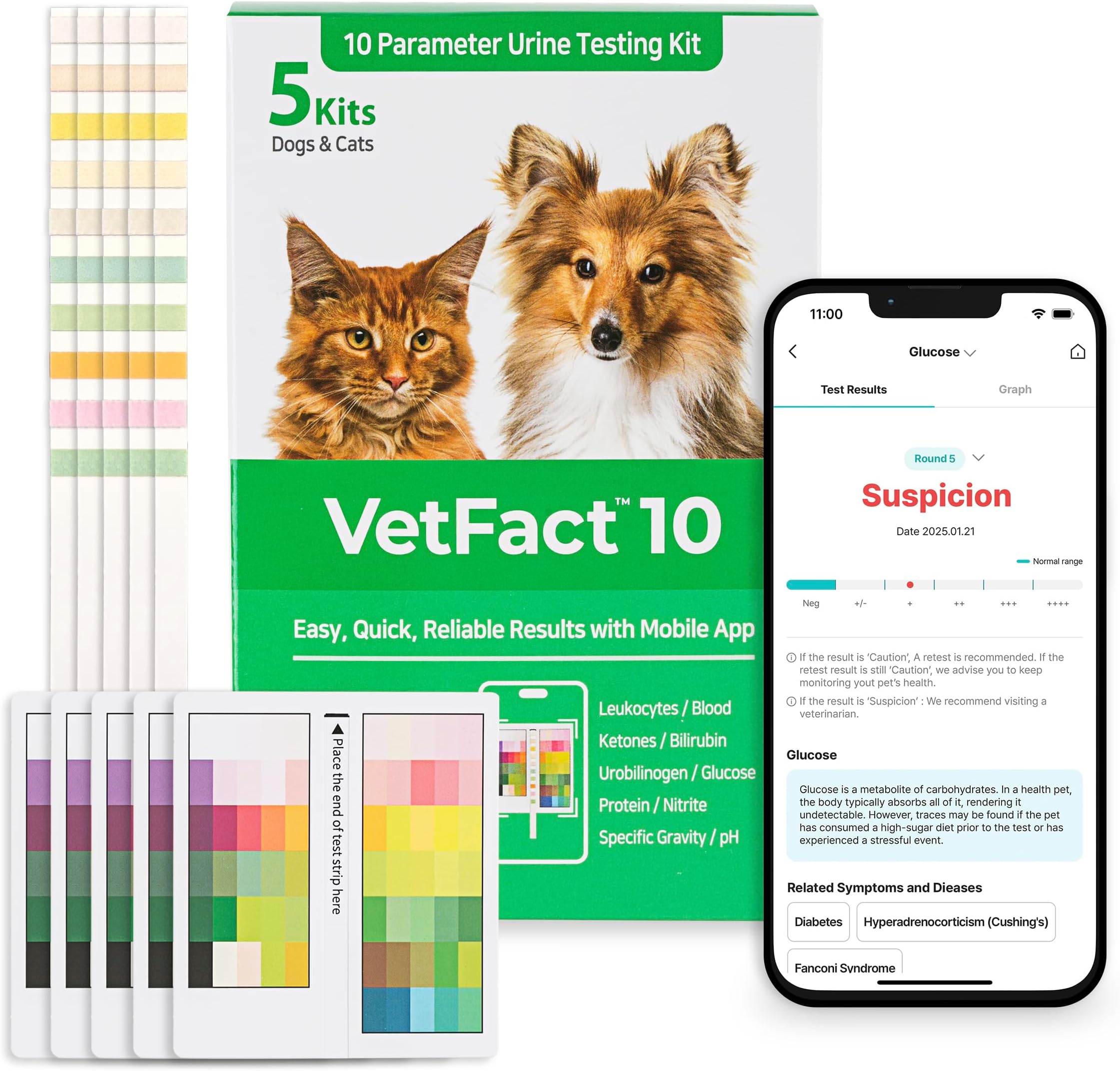 [ 5Kits ] Free Mobile App (iOS, Android) Urine Test Strips, 10-Parameter Test at Home, Easy-to-Use for Dogs & Cats ; Support English, Spanish, Korean and Japanese.