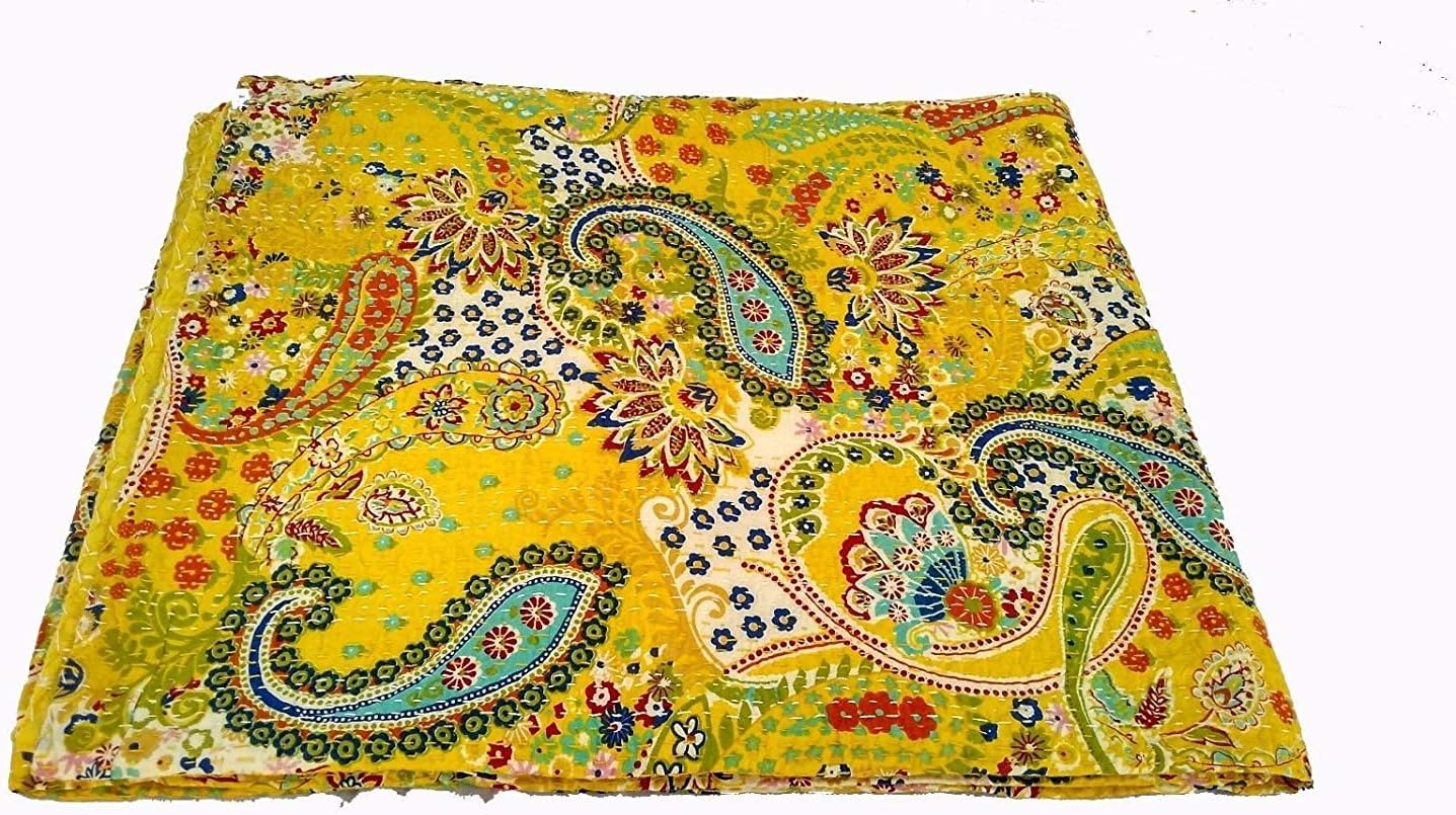 Indian Handmade Cotton Yellow Paisley Design Kantha Quilt Twin Tribal Bed Cover Reversible Bedspread Blanket Picnic Throw Floral Coverlet 90x60 Inches