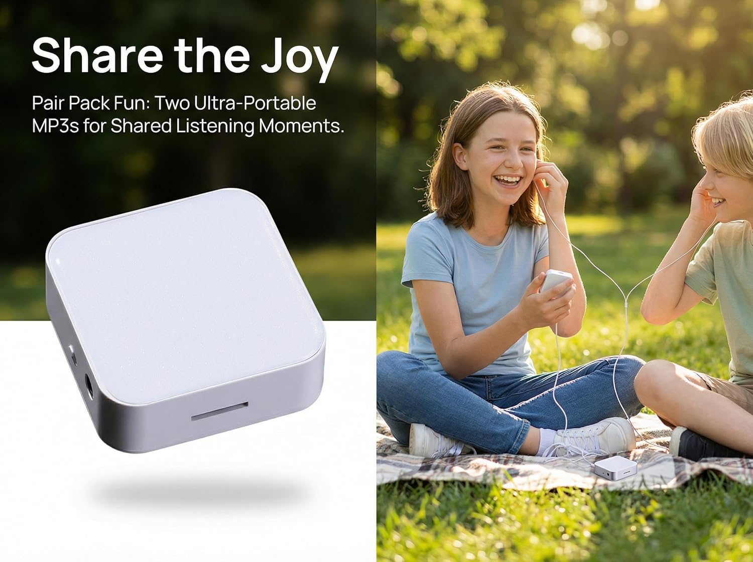 2 Pack MP3 Player Screen-Free Portable with Headphones & Speaker, 4GB Card 500+ Songs, HD Resin Panel, Pearl White, Save $3, Perfect for Sibling Sharing & Student Gift
