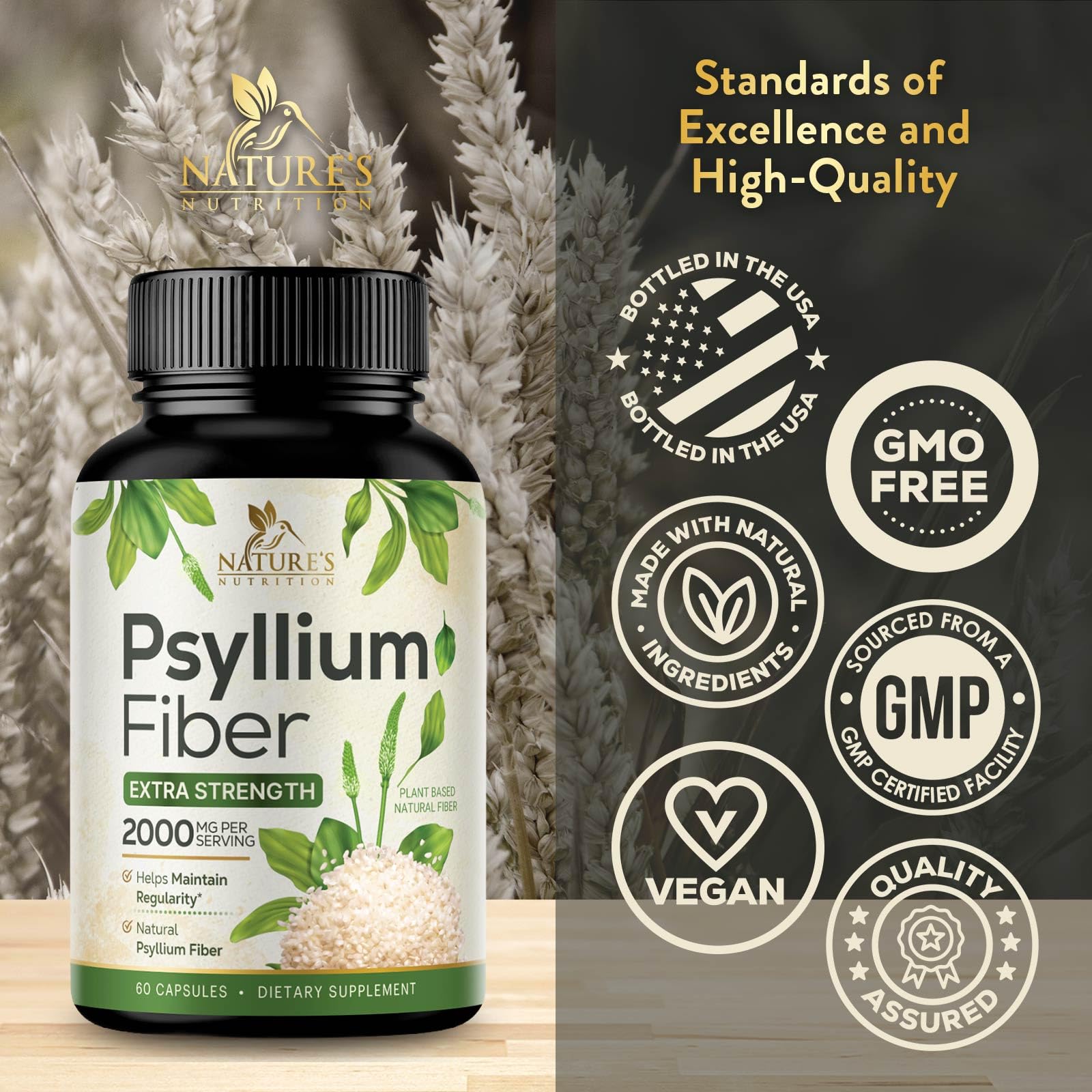Psyllium Husk Powder 2000mg Supplement - Extra Strength Psyllium Fiber Powder - Natural Soluble Fiber Pills, Supports Digestion, Colon Health & Regularity, Gluten Free, Bottled in USA - 60 Capsules — Amazon image 4