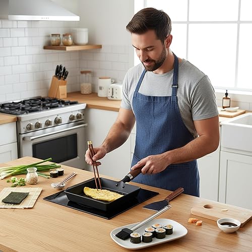 Miniatura 7 de Japanese Cast Iron Tamagoyaki Pan - Pre-Seasoned, Liquid Nitrogen Treated, Non-Rust, Ready to Use, Detachable Wood Handle, Oven Safe, for Omelets,