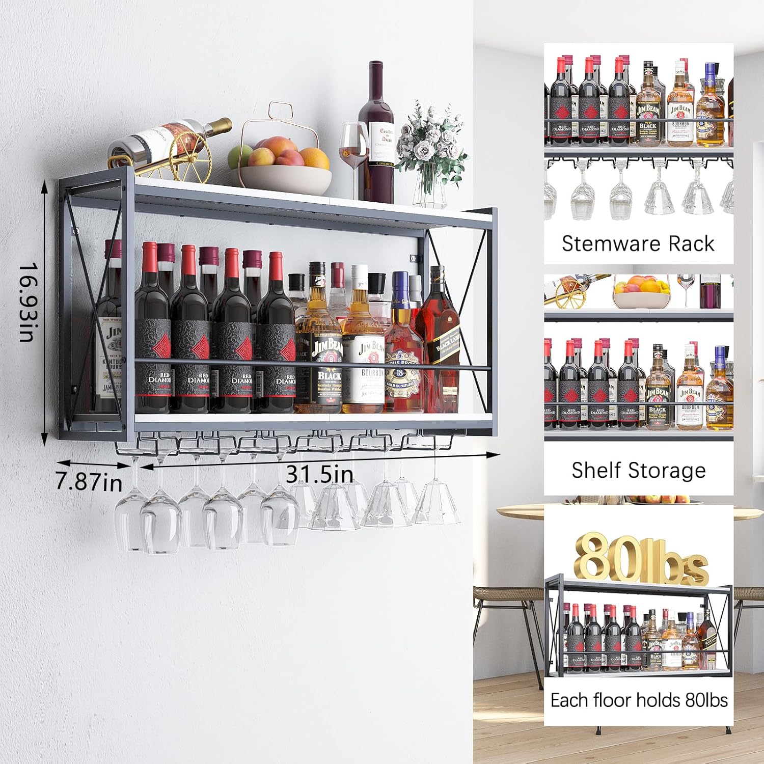 Dokser Wine Rack Wall Mounted Shelf - 2 Tier, Rustic Wood & Industrial Iron Frame Wine Bottle Holder for Kitchen, Dining Room, Home Bar Decor (White)